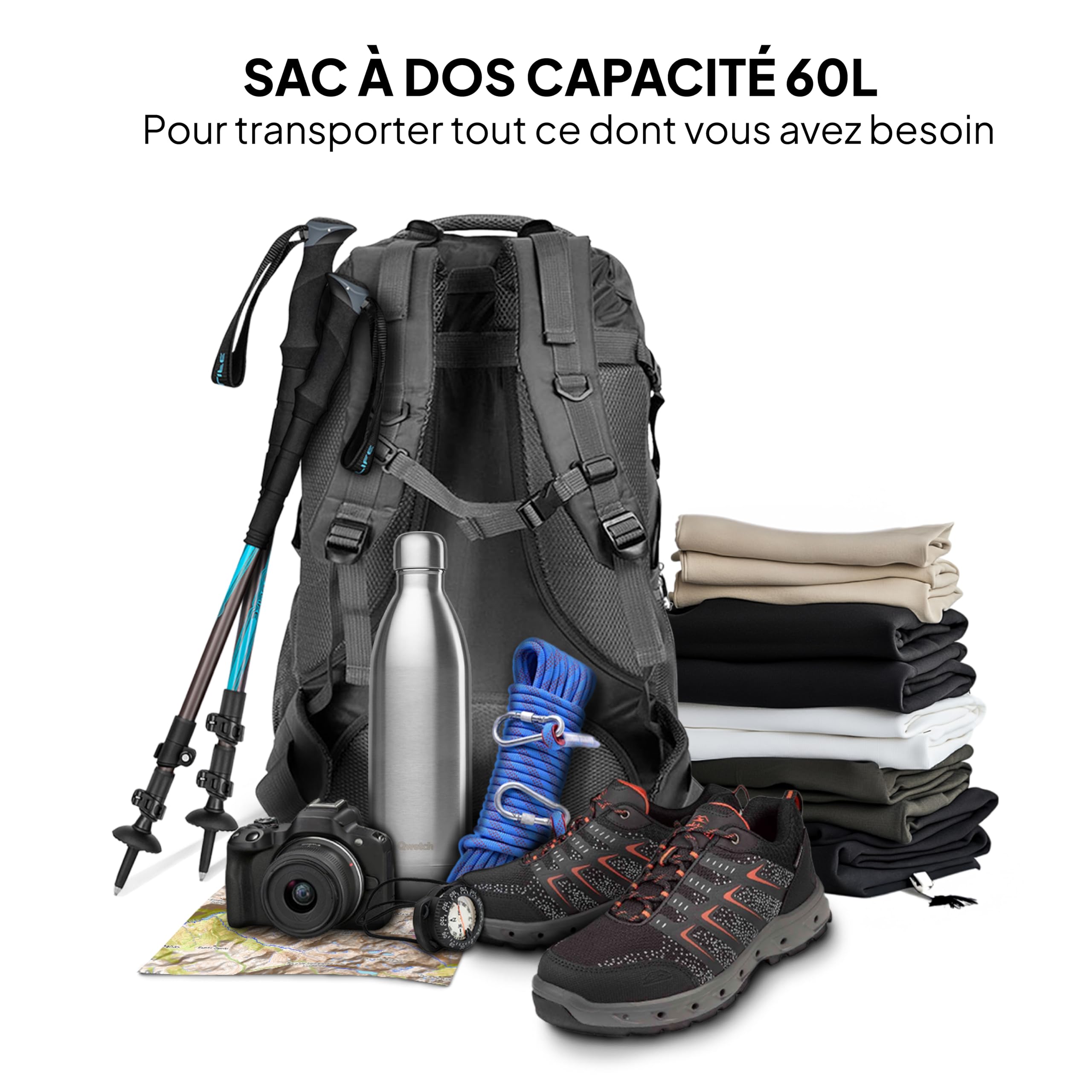 OcioDual Sac à Dos Randonnée 60L Noir, Sac de Voyage Cabine Pliable Imperméable Léger Trekking