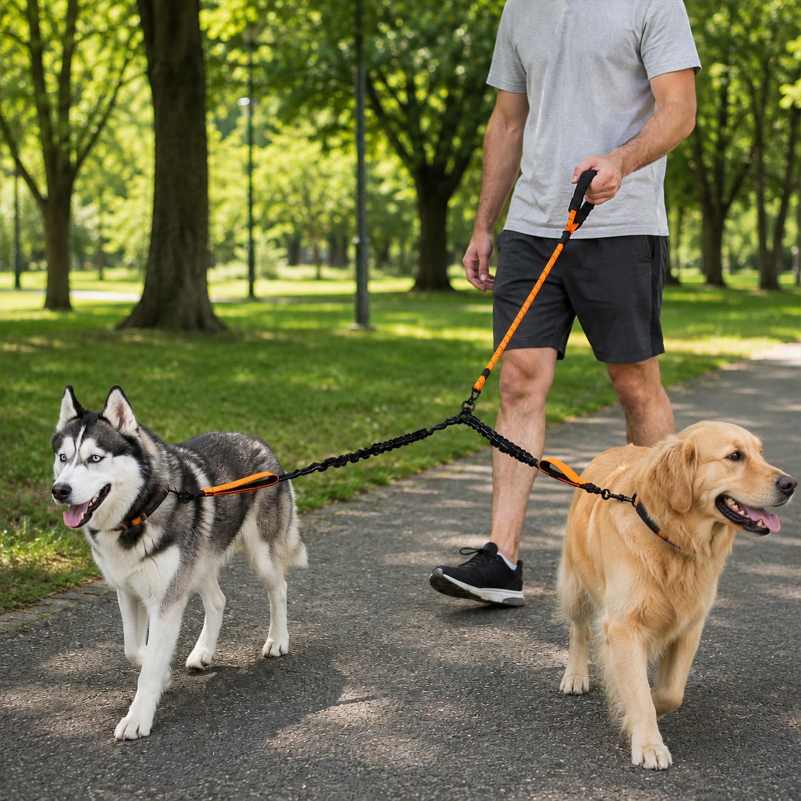Guinzaglio doppio per cani per 2 cani, nessun groviglio Bungee Large | Guinzaglio doppio resistente per due cani, elastico ammortizzante, girevole a 360°, manici imbottiti
