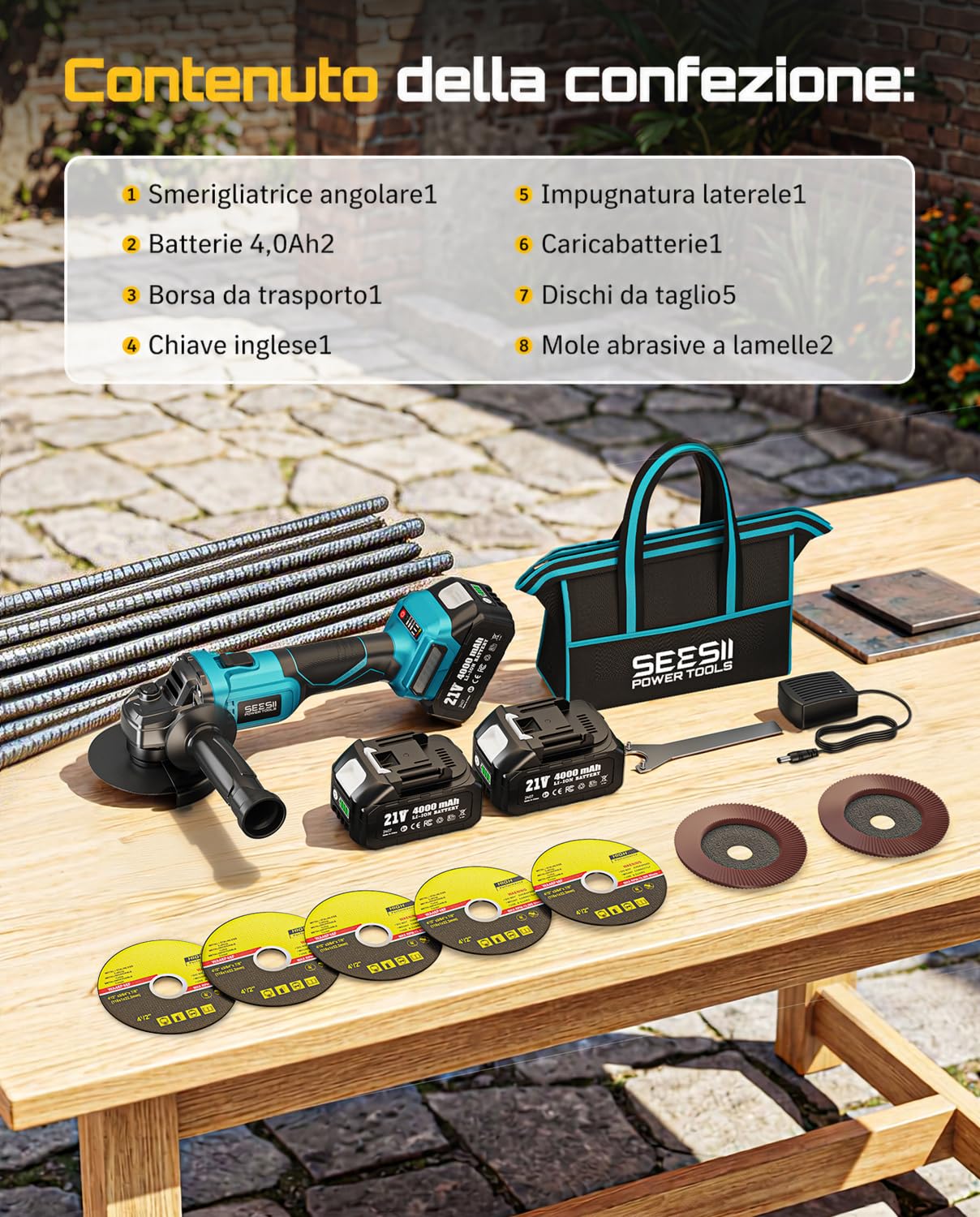 SEESII Smerigliatrice Angolare a Batteria 125mm, Smerigliatrice Angolare Senza Fili con 2 Batterie da 4000mAh, 21V Flessibile Motore Brushless 10.000 Giri/min, Dischi da Taglio