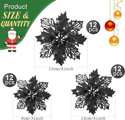 Miniatura 3 de WILLBOND 36 flores de Pascua con purpurina para árbol de Navidad, flores de pascua artificiales para decoración de coronas de boda, árbol (negro)