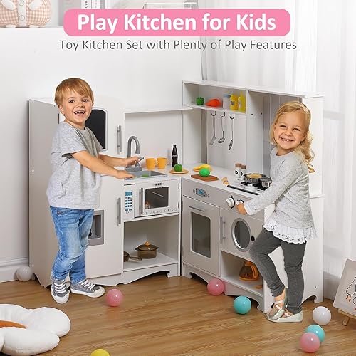 Miniatura 6 de Cocina de juego de esquina para niños, juego de cocina de madera con estufa de cocina, horno, fregadero, microondas, pizarra, gabinetes de