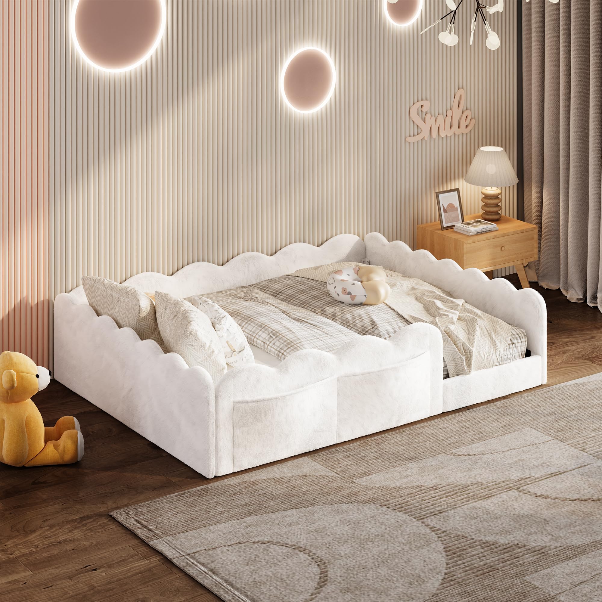 Photo 1 of Upholstered Floor Bed with Side Storage Pockets, Full Size Bed Frame, White