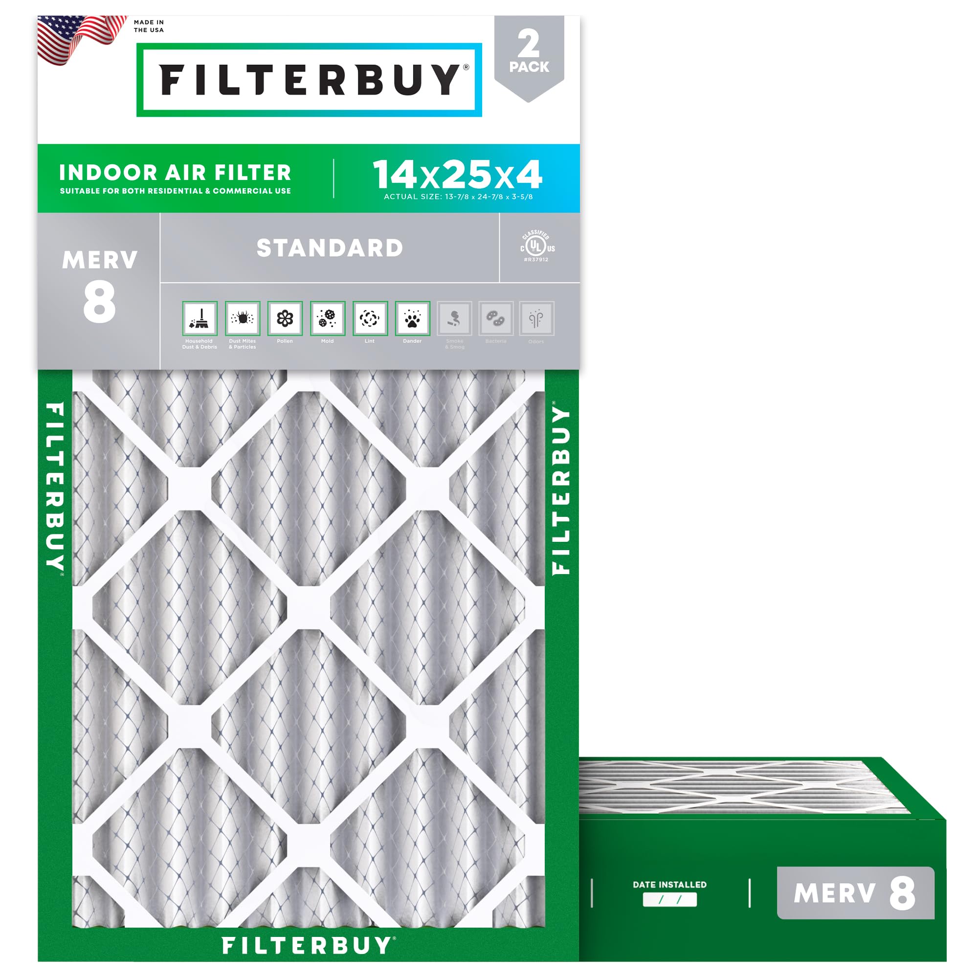 Filterbuy 14x25x4 Air Filter MERV 8 Dust &amp; Allergy Defense (2-Pack)