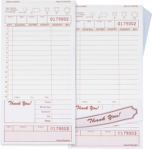 250 Gorilla Supply Guest Check 4.25" x 8.5" Talonarios de Pedidos de Servidor de 2 Partes Sin Carbón Perforados Sueltos con 15 Líneas, Beige, 250
