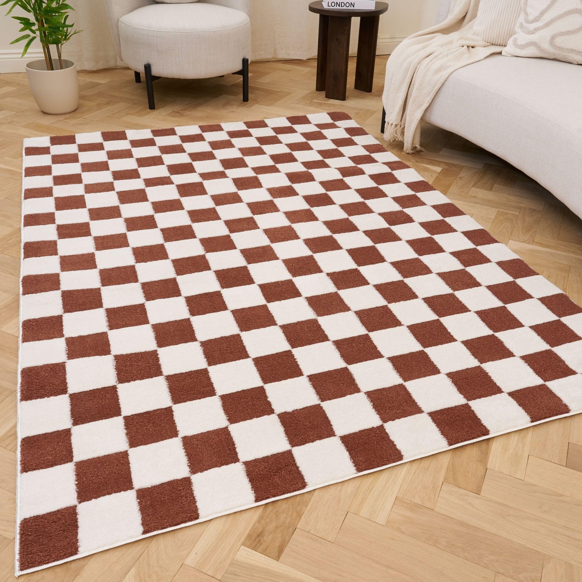THE RUGS Living Room Rug, Loft Collection – Modern Textured 14mm Soft Pile Area Carpet, Non-Shedding & Easy Care [ Checkerboard Terra, 240x340 cm]
