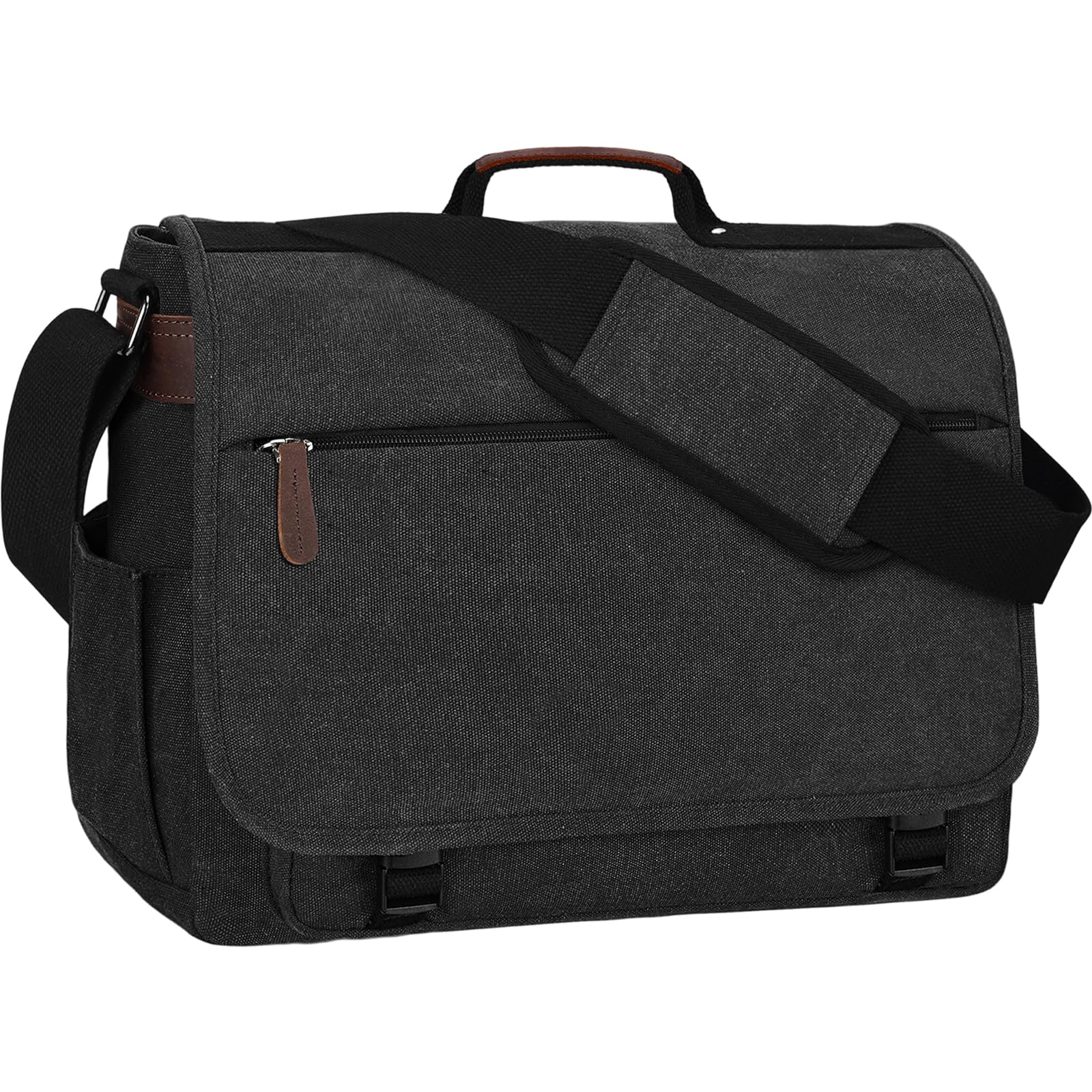 Eshow Sacoche Homme Bandouliere Imperméable, Sac Bandoulière Besace Homme pour Ordinateur 15,6" Sacs d'épaule en Toile et Cuir Céritable Vintage pour Travail Voyage Loisirs Bureau Université Noir