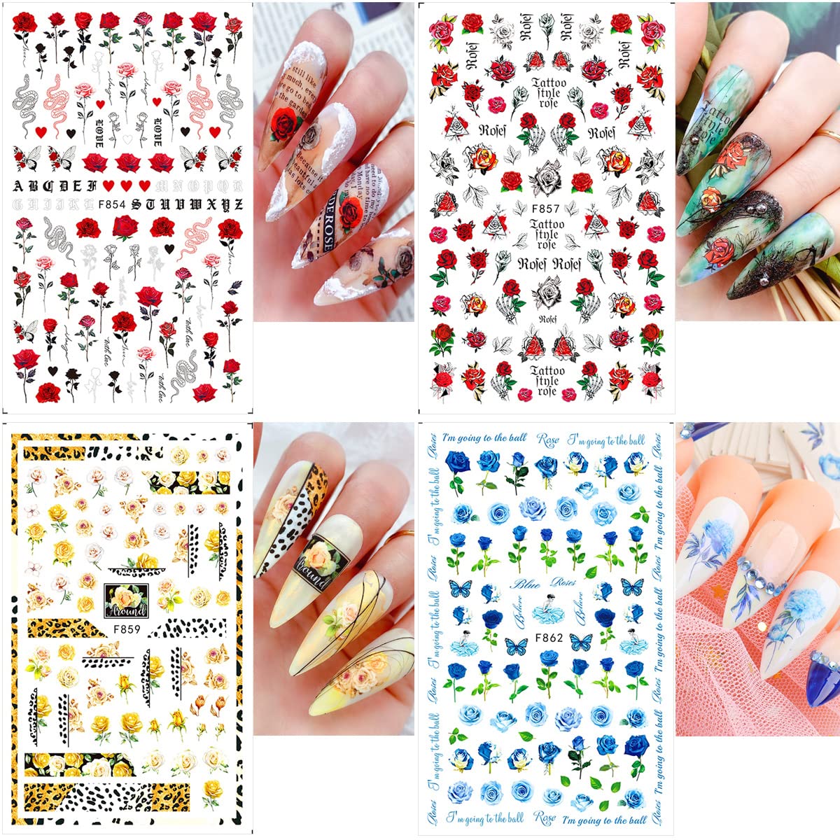Amazon.com: 6 Sheets Flower Nail Art Stickers 3D Blue Pink Red Rose Nail  Decals Spring Summer Nail Art Supplies Leopard Snake Leaf Butterfly Floral Nail  Designs Supply Nail Stickers for Acrylic Nails