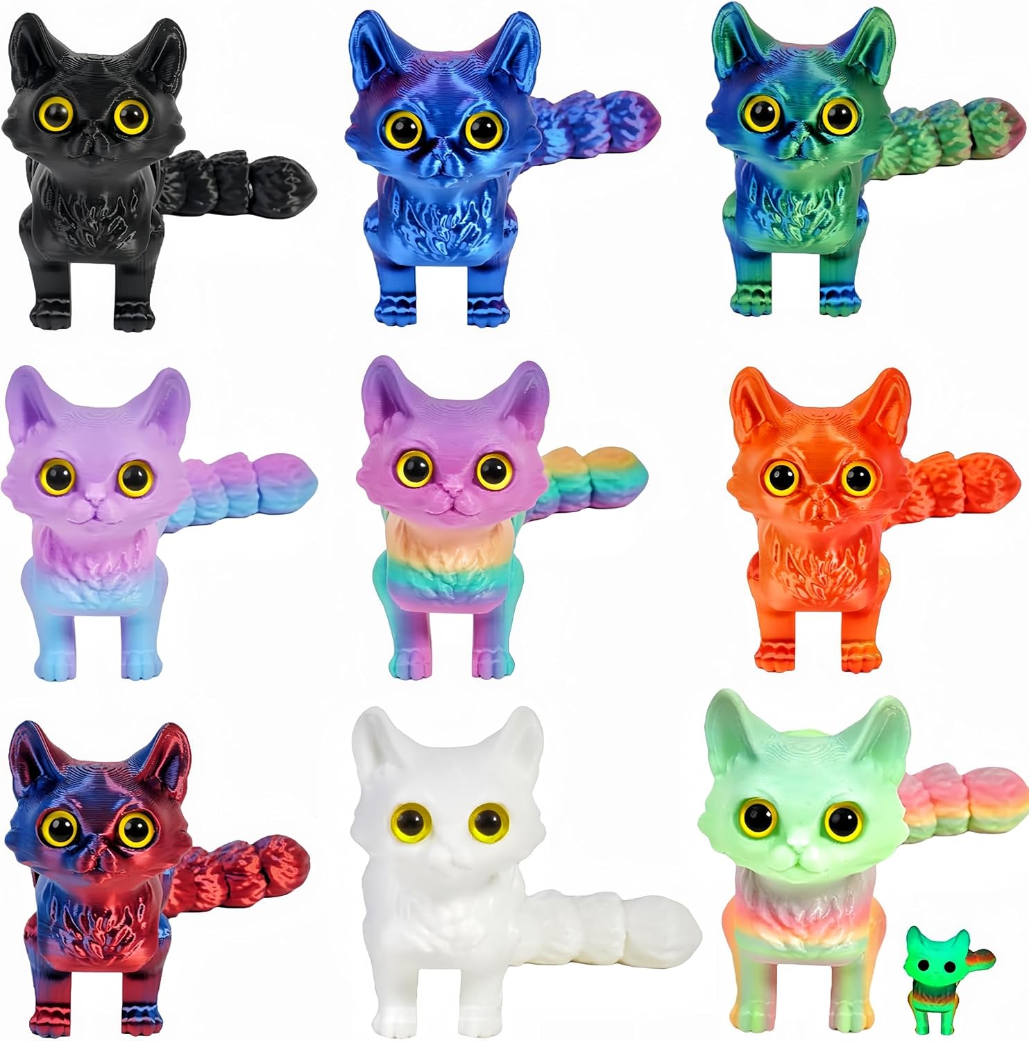 9pcs 3D Printed Cat Animals, 3D Printed Colorful Cat Set with Articulated Movable Joints Reduce Stress Animal Decor for Adult