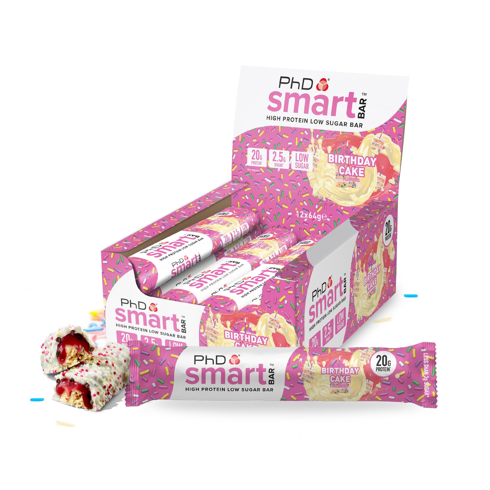 PhD Smart Bar-High Protein Low Sugar Bar, Birthday Cake, 64 g, Pack of 12