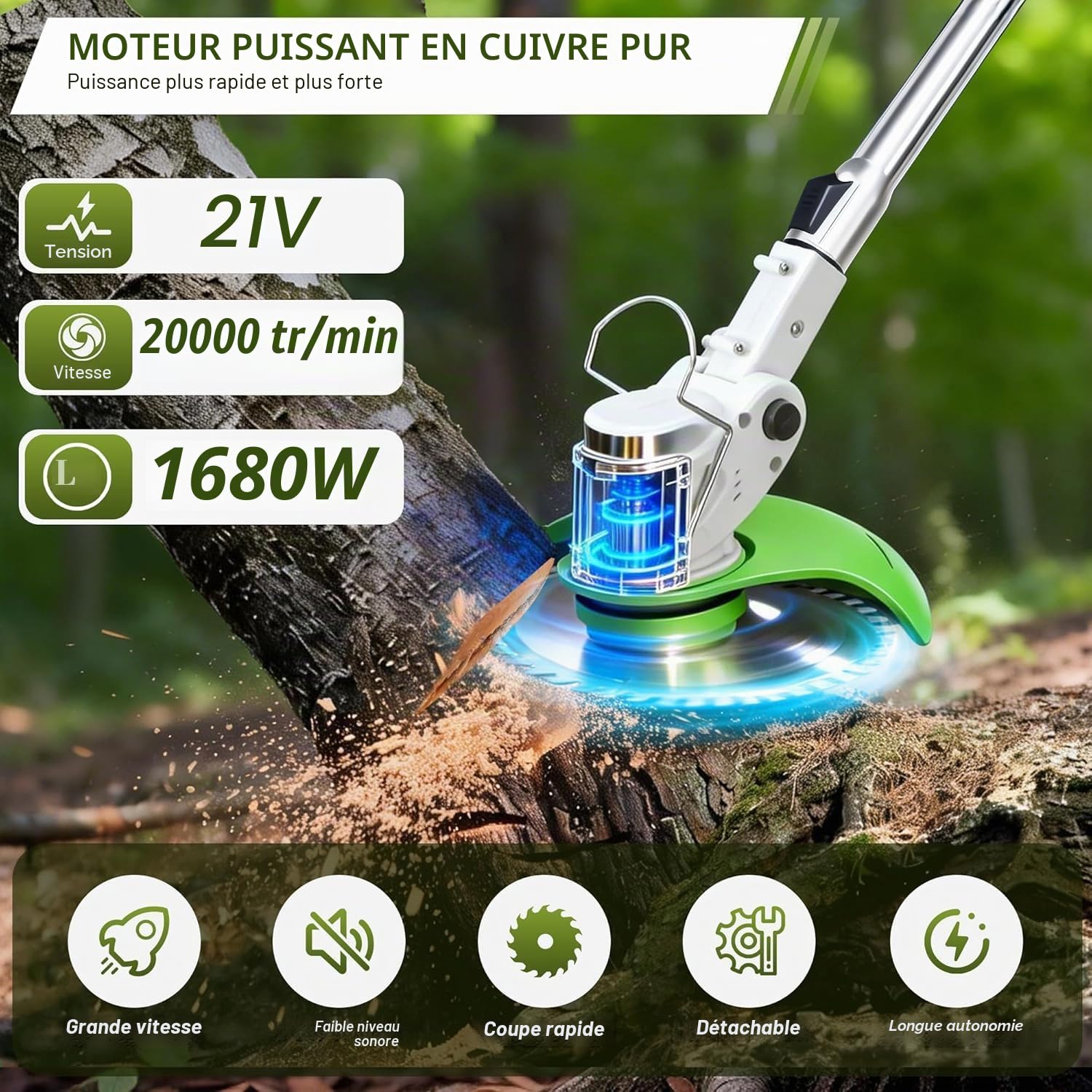 Debroussailleuse Electrique sans Fil - Debroussailleuse Batterie avec 2 Batterie 21V et 4 Types de Lames - Coupe Bordure avec Poignée Réglable - Débroussailleuse à Gazon pour Jardin (Beige)