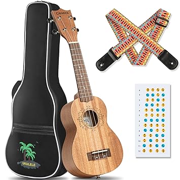 CAHAYA Ukulele 21 Inch Starter Kit Beginner with Gig Bag, Rainbow Strap, Digital Tuner, for Both Adults and Kids, Mahogany