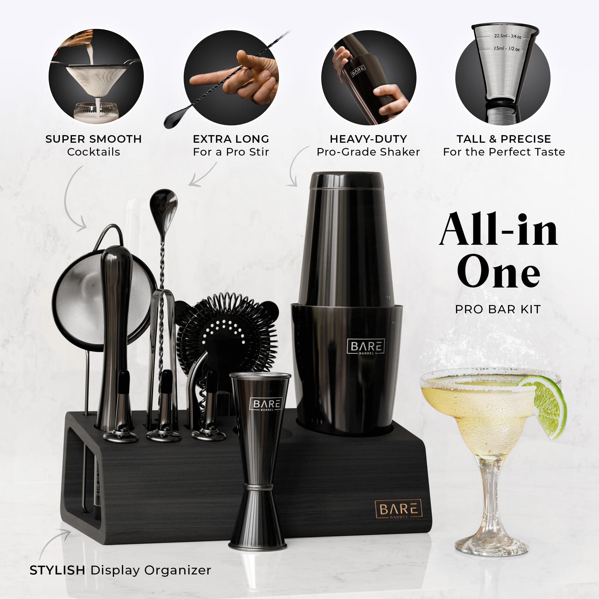 Pro Mixology Bartender Set Bar Kit | 14-Piece Boston Cocktail Shaker Set | Professional Barware Mixing Tools for Home Bartending | Bamboo Stand & Recipe Cards | Gift Set for Him & Her (-Black)