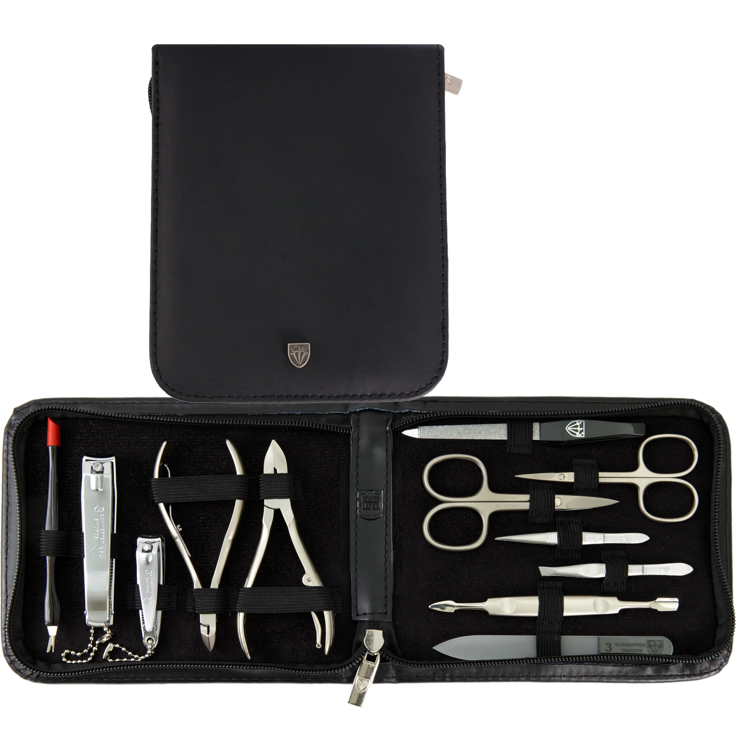 3 Swords Germany - Kit de manucure et pédicure de qualité supérieure pour soins professionnels des ongles des doigts et des orteils avec étui en cuir véritable noir - Fabriqué en Allemagne