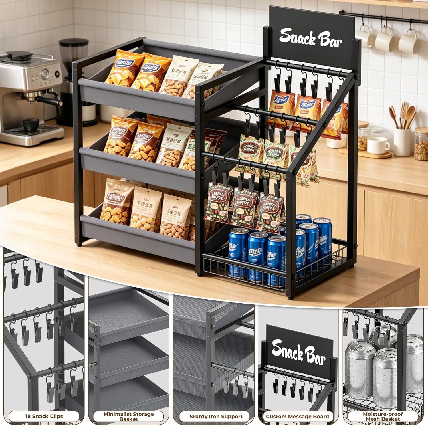3-Tier Snack Organizer with 18 Clips, Large Capacity Snack Rack with Message Board, Snack Cart for Kitchen Office Store Party Countertop, Matte Black Metal & Oxford Fabric Snack Storage