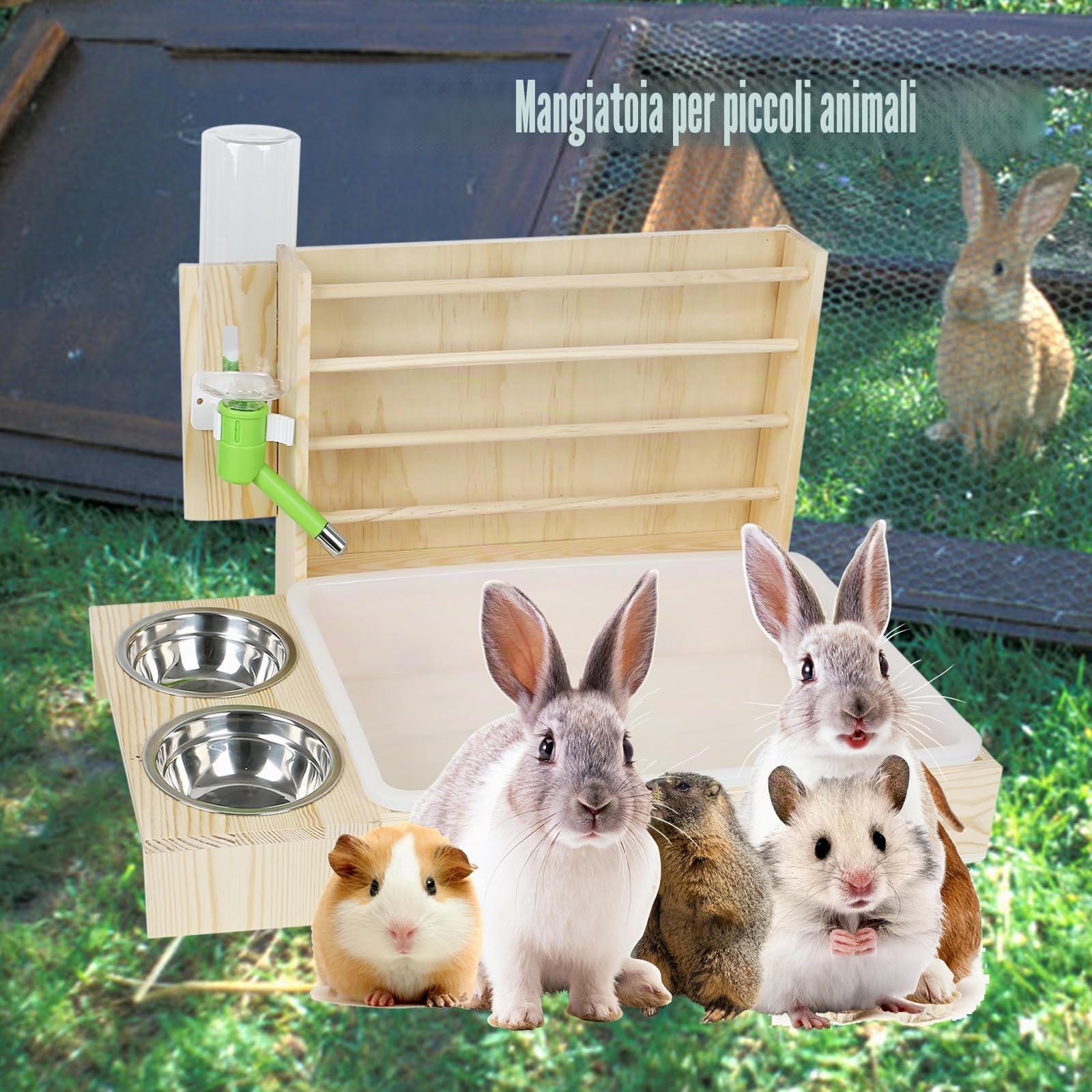 Grande mulinello da fieno multifunzione con wc, trogolo in legno per conigli, mulinello da fieno, completo di abbeveratoio e ciotola, adatto per conigli, porcellini d'India, criceti, piccoli animali