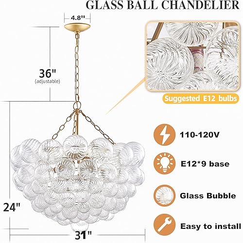 Miniatura 10 de Longree Lámpara de araña de vidrio remolinado con bola de burbujas de mediados de siglo, jaulas de 2 capas de oro dorado y vidrio soplado