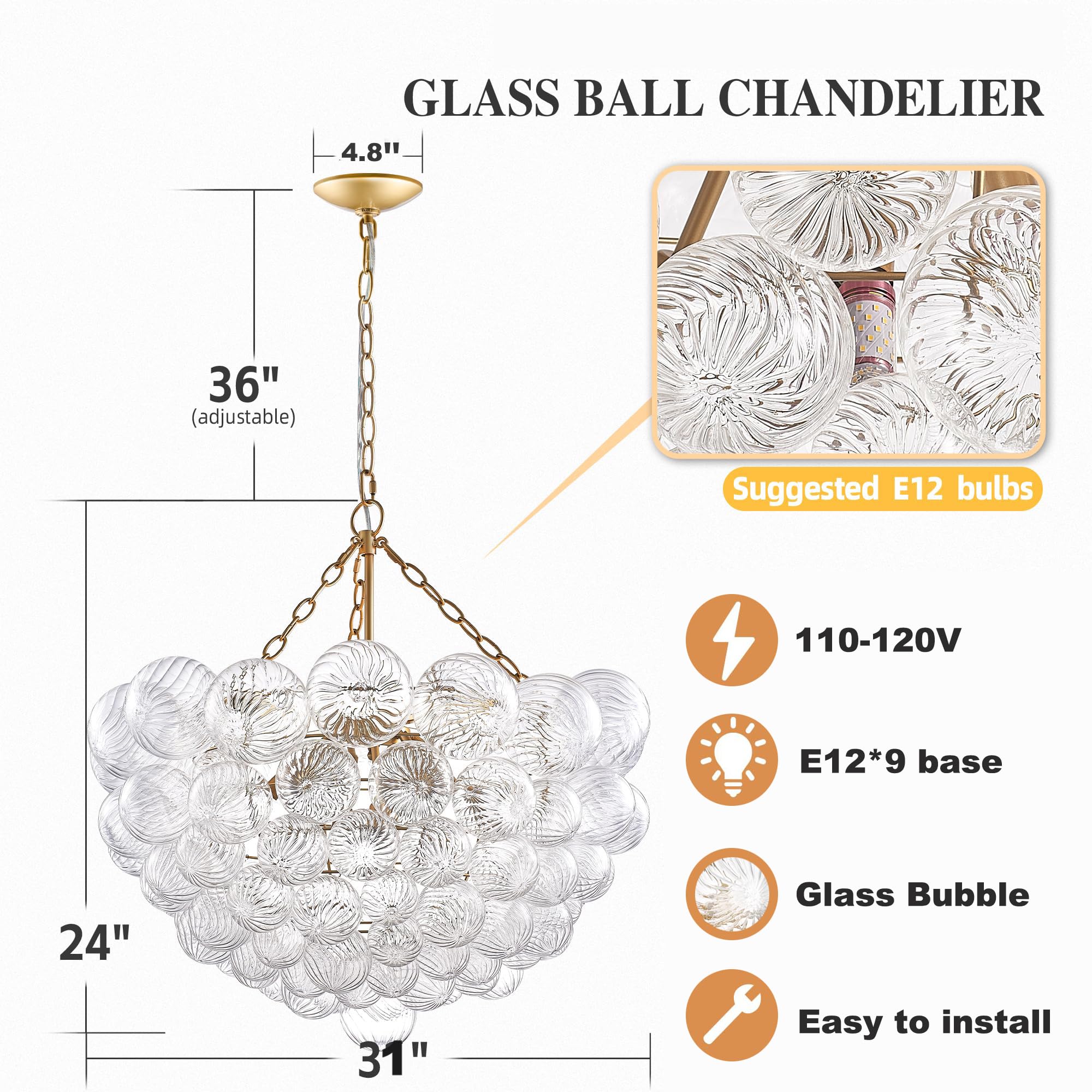 Nordic Bubble Ball Swirled Glass Chandelier, Diam 31