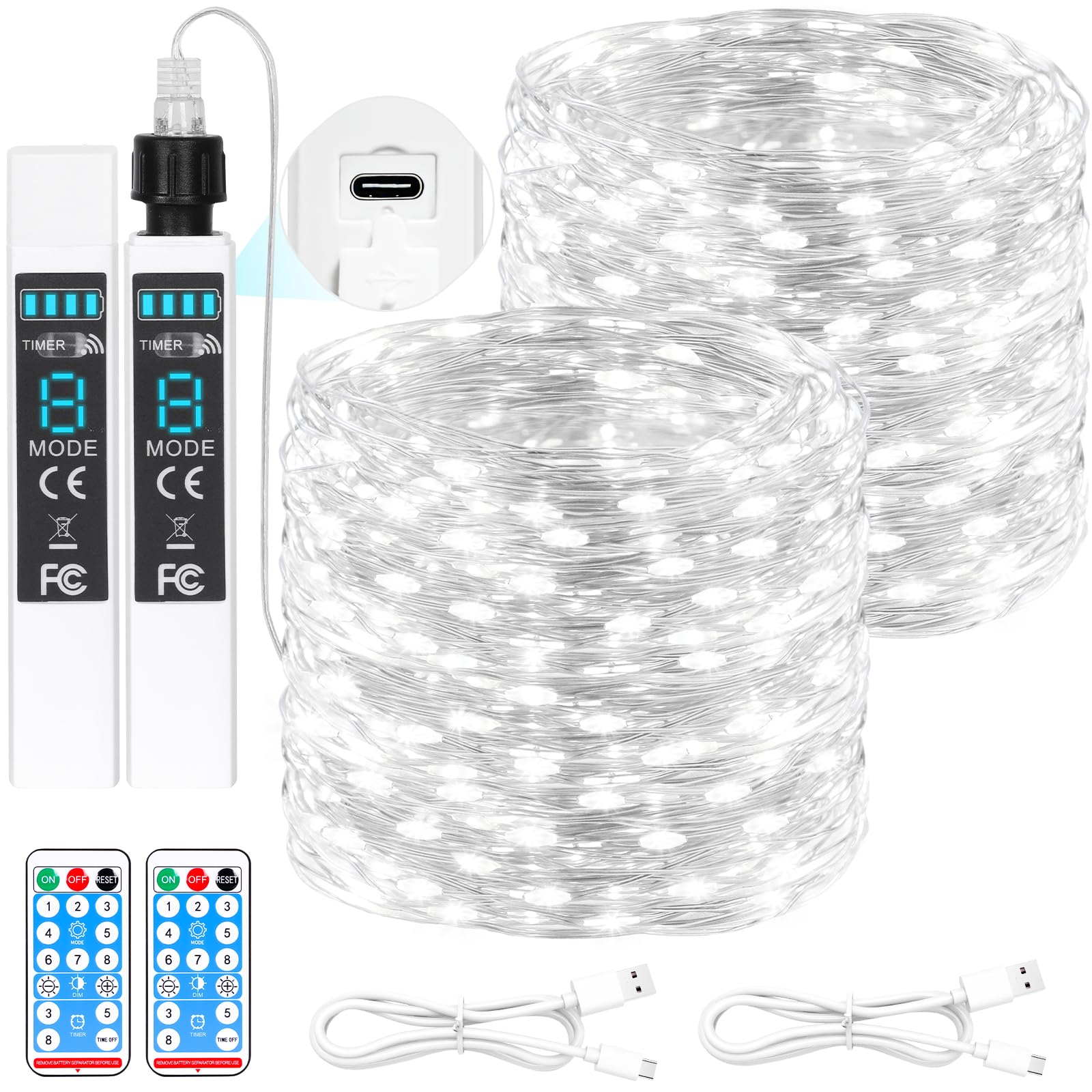 Lakumu Filo di luci ricaricabili da 1,8 m, 200 luci LED a batteria, con telecomando e timer, impermeabili, per esterni, per campeggio, fai da te, feste di Natale, albero da giardino, colore bianco