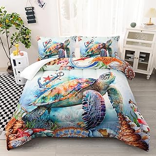 AILONEN Kawaii Sea Turtle Comforter Set Queen Size, Marine Life Bedding Set for Teens Boys and Girls,Nautical Coastal Comforter Sea Turtle Duvet Set for All Season,3Pcs(1 Quilt Set+ 2 Pillowcases)