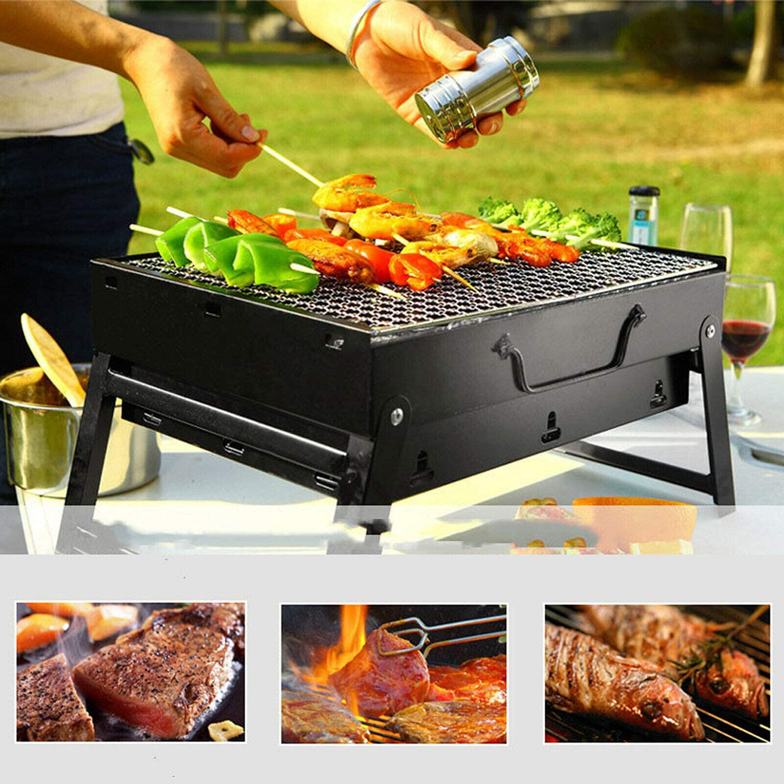 Grill Ogrodowy, Przenośny Grill Dla 1-8 Osób, Średniej Wielkości, Na Węgiel Drzewny, Stół Kempingowy, Przybory Ogrodowe, Czarny