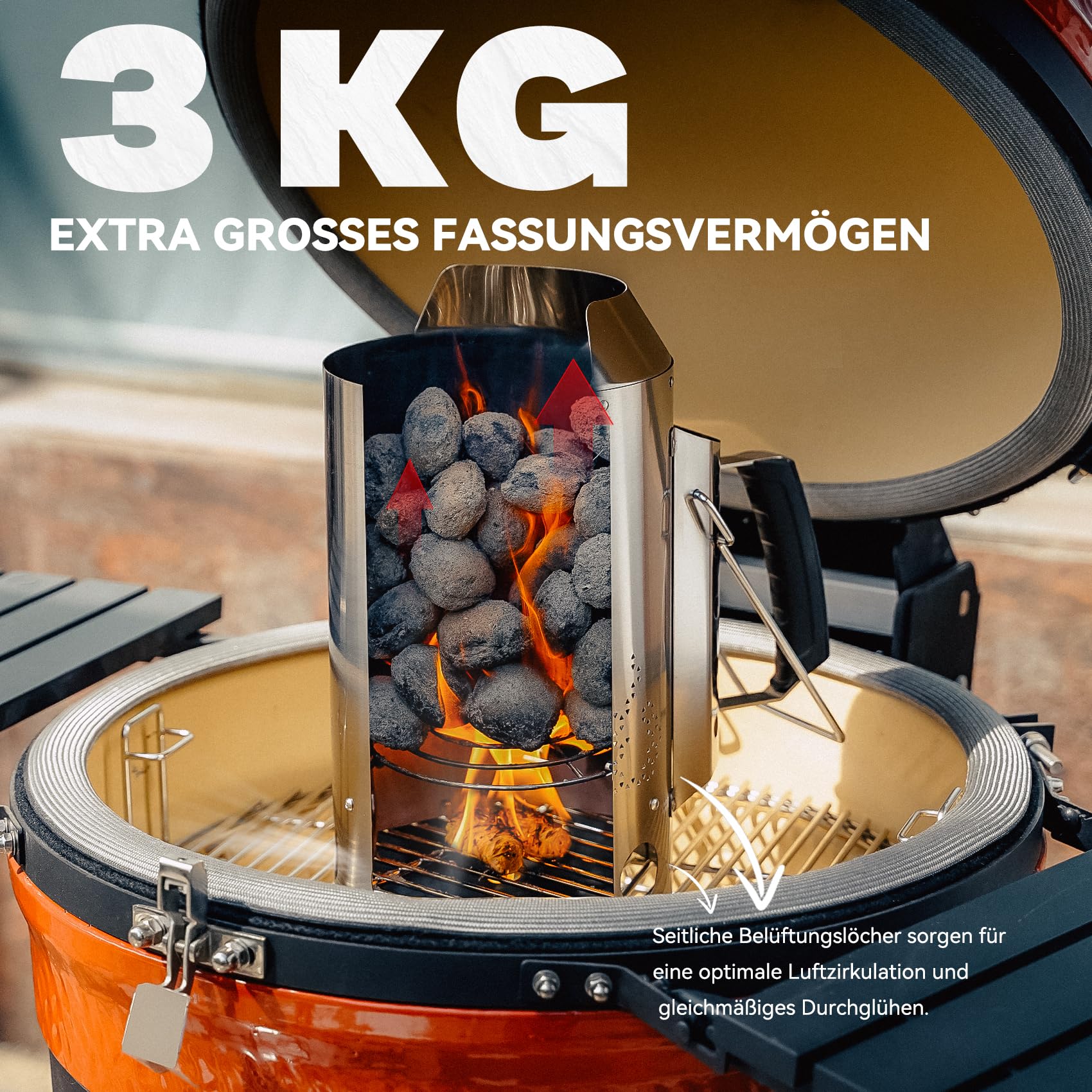 onlyfire Anzündkamin Grill, Hochwertiger Anzündkamin Edelstahl, Groß Grillkohle Anzündkamin 34,5cm Höhe, Grillkohlezünder für Holzkohle, Briketts, Ø 19cm Runder Grillkamin, Kohleanzünder Grill
