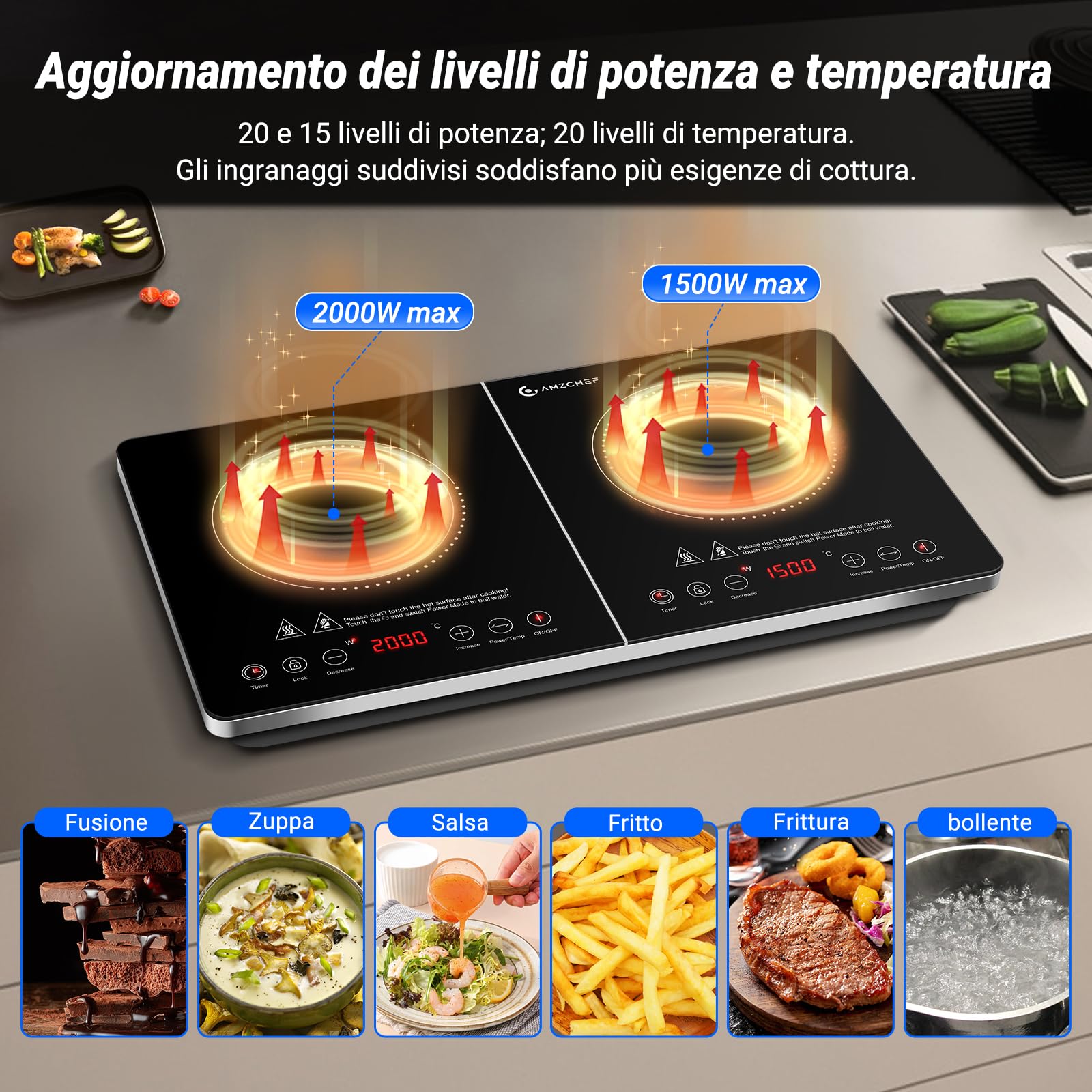 AMZCHEF Piastra ad Induzione 2 Fuochi, Piastra a Induzione con IGBT importato, 20 Livelli di Temperatura, 20 e 15 Livelli di Potenza, 3500W Piano Induzione con Timer di 4 ore, Blocco di Sicurezza