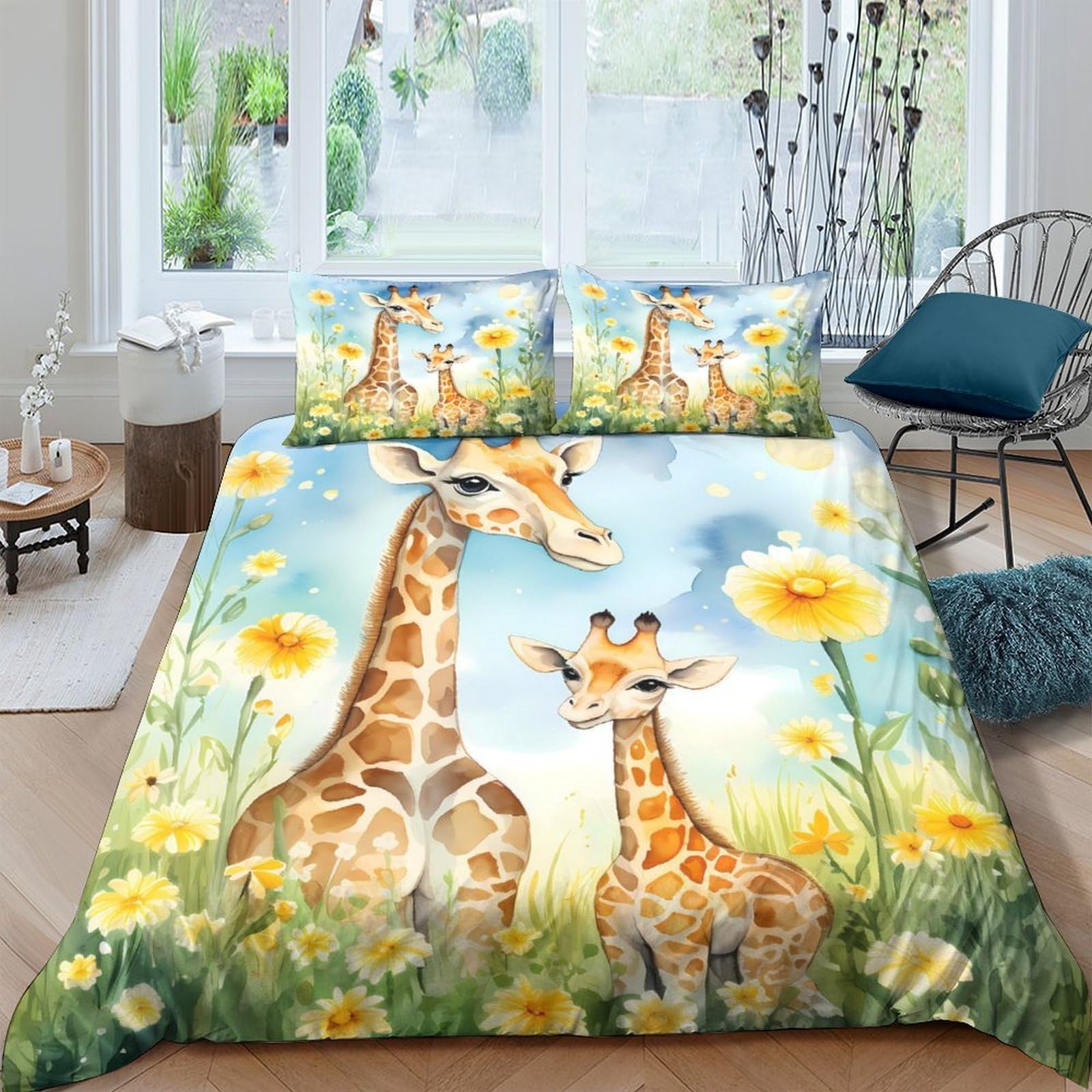 Ctjqhvkz Style-7 3D Printed Giraffe Meadow Fitted Sheet Microfiber Soft Durable Sunflower Bed Cover For Bedroom Guestroom Decor Single（135X200cm）