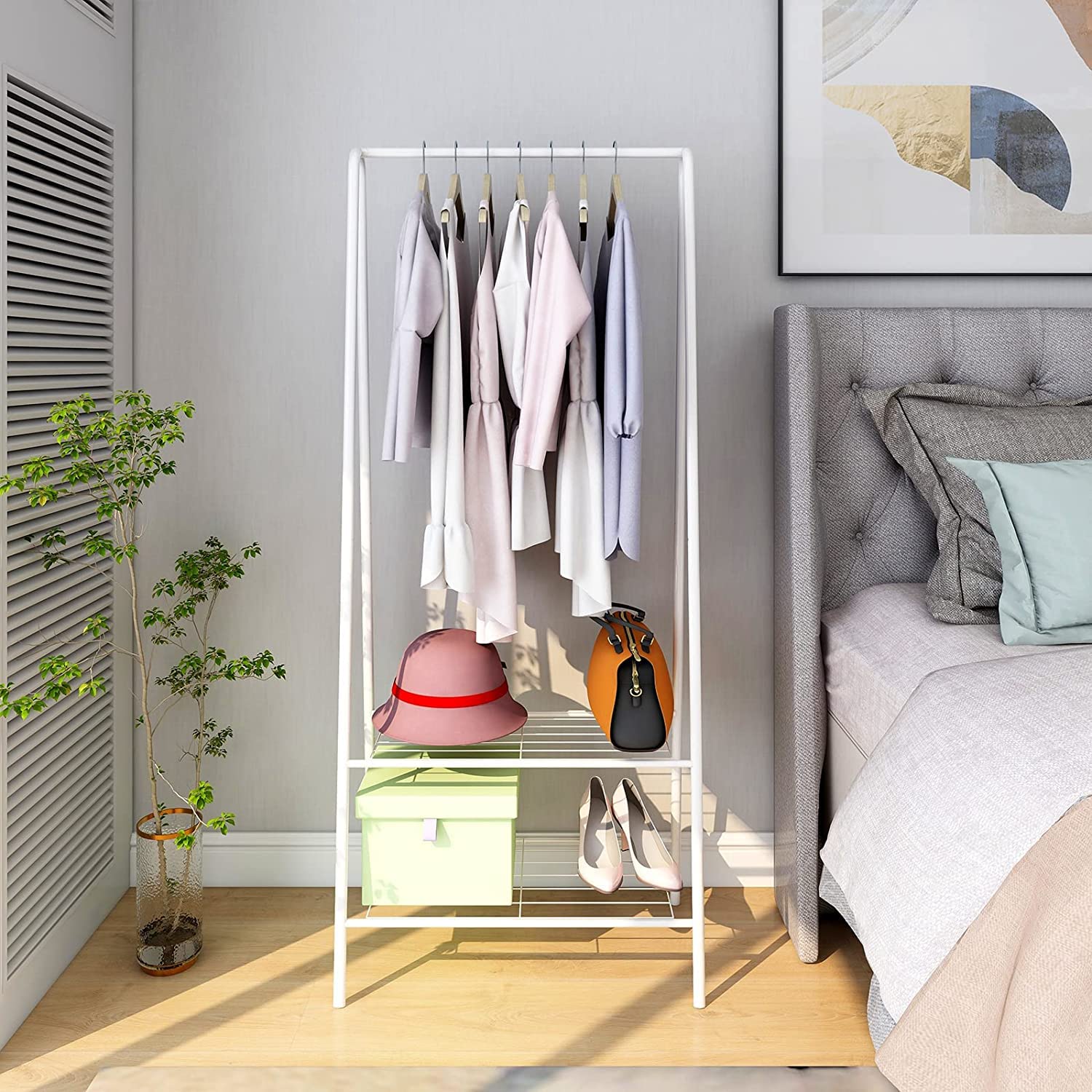 Simple Clothes Rack with 2-Tier Metal Shelf, Portable Metal Clothes Rack for Hanger Clothes, Small Clothing Rack for Bedroom, Balcony, Hallway, Laundry (White)