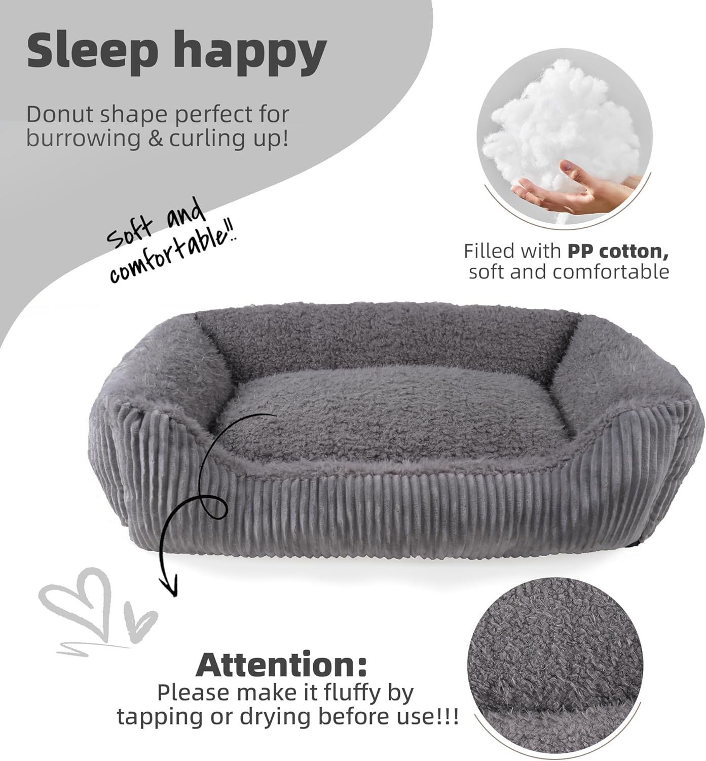 YUNIQUE Large Dog Bed - Plush Corduroy, Anti-Slip Bottom, Soft and Cozy for Dogs (Grey, Large)