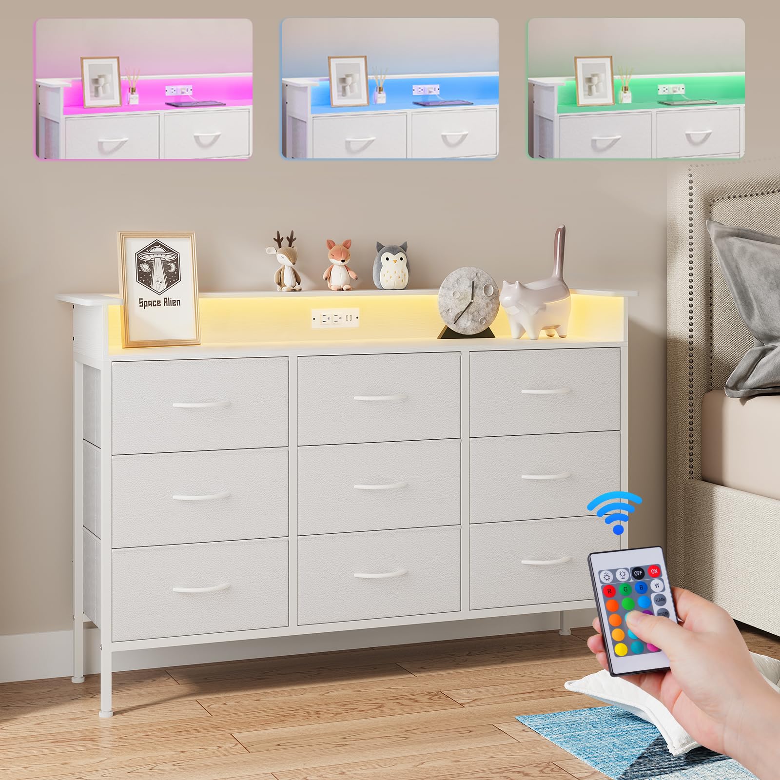 ELYKEN White Dresser with LED Light for Bedroom, Dresser with 9 Drawers and Charging Station, Fabric Chest of Drawers with PU Finish Storage Drawers for Entryway Closet Living Room Hallway Guest Room