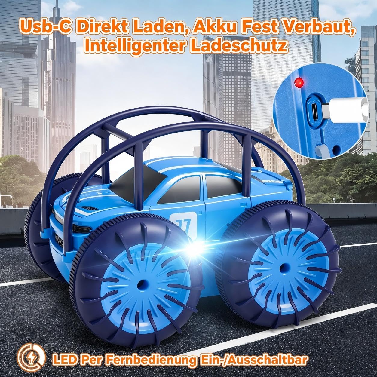 MaxTronic Amphibisches RC Auto 4WD Wasserdicht 15km/h 2.4G USB-C 360° Stunt LED