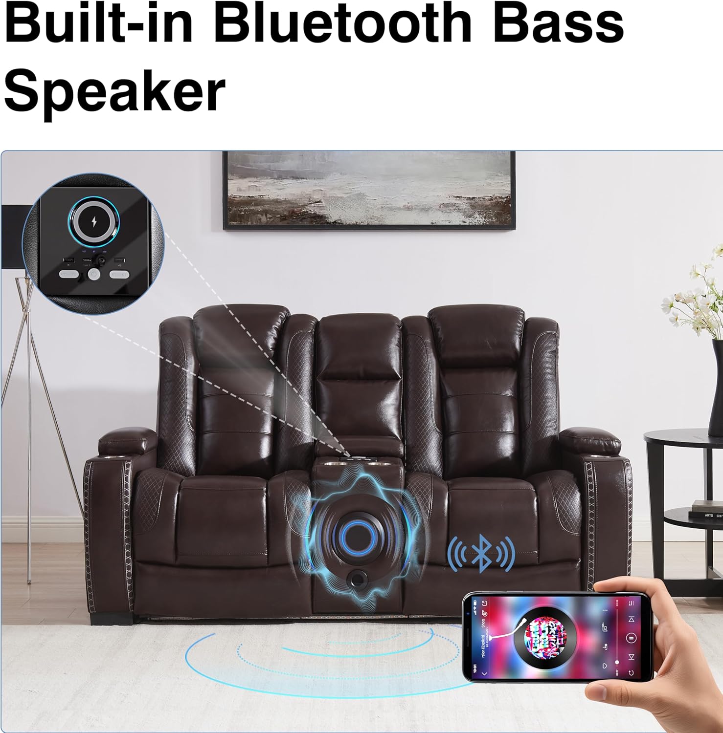 THSUPER Power Brown Leather Recliner Sofa for Living Room Furniture Sets with Arm Storage and Power Headrest, Leather Living Room Reclining Couch Set with Wireless Charge and Bluetooth Speaker. | Breathable material, LED ambient light, Reading light, Hidden outlet, USB and Type-C port