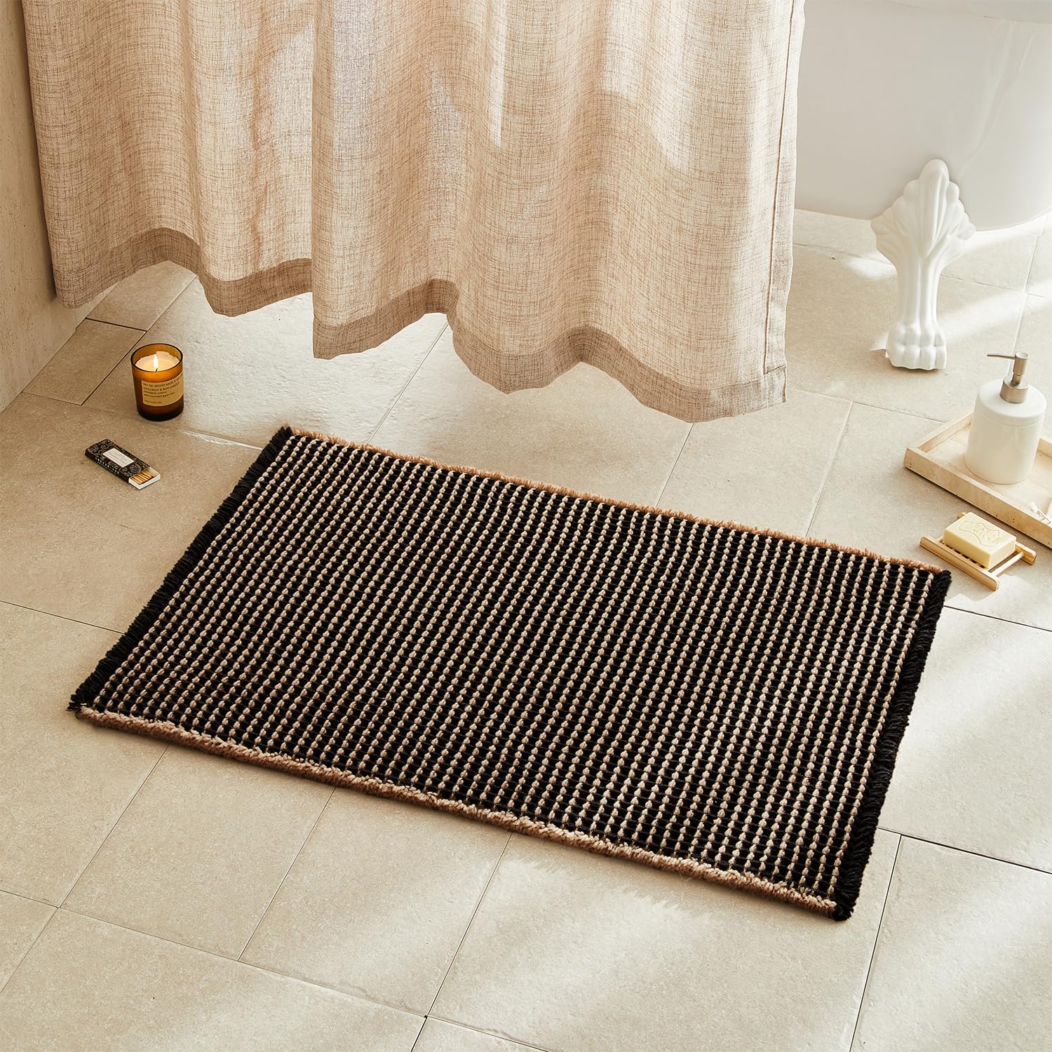 TYUU Waffle Bath Mat, Boho Bathroom Rugs Non Slip, 36x24 Khaki &amp; Black