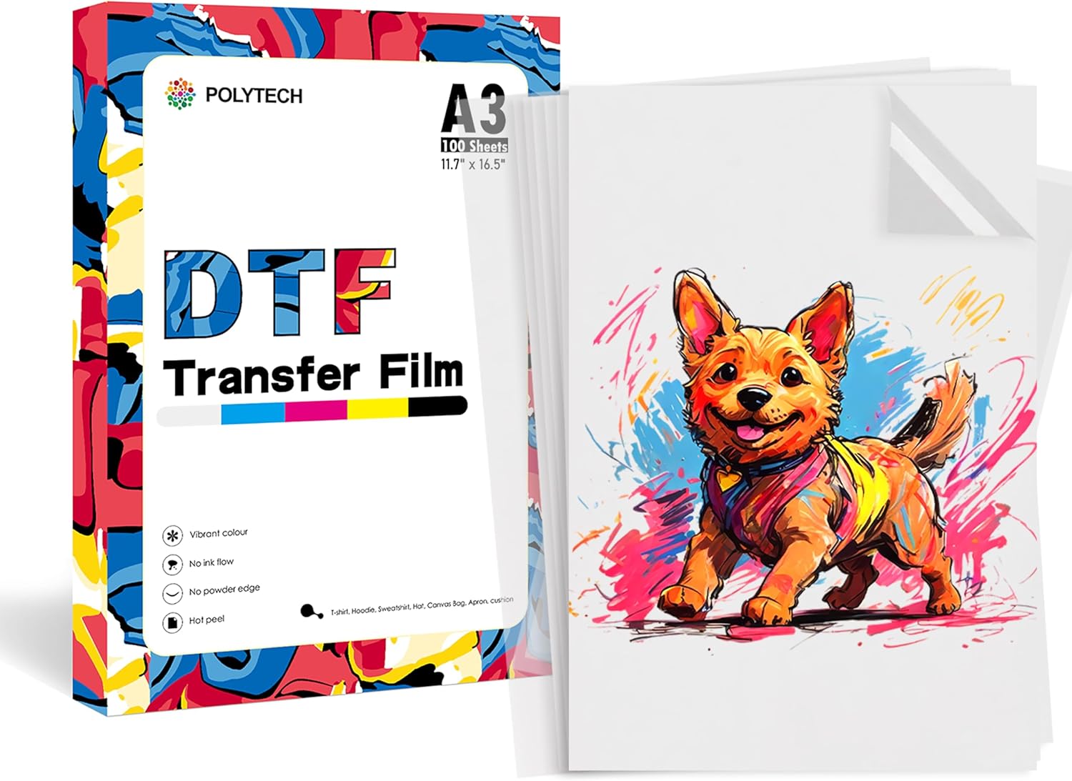 Polytech DTF Transfer Film, A3 (11 x 17″) 100 Sheet, Premium DTF Paper, Good Ink Transfer, DTF Film, Compatible with EPSON DTF Printers, Easy Peel