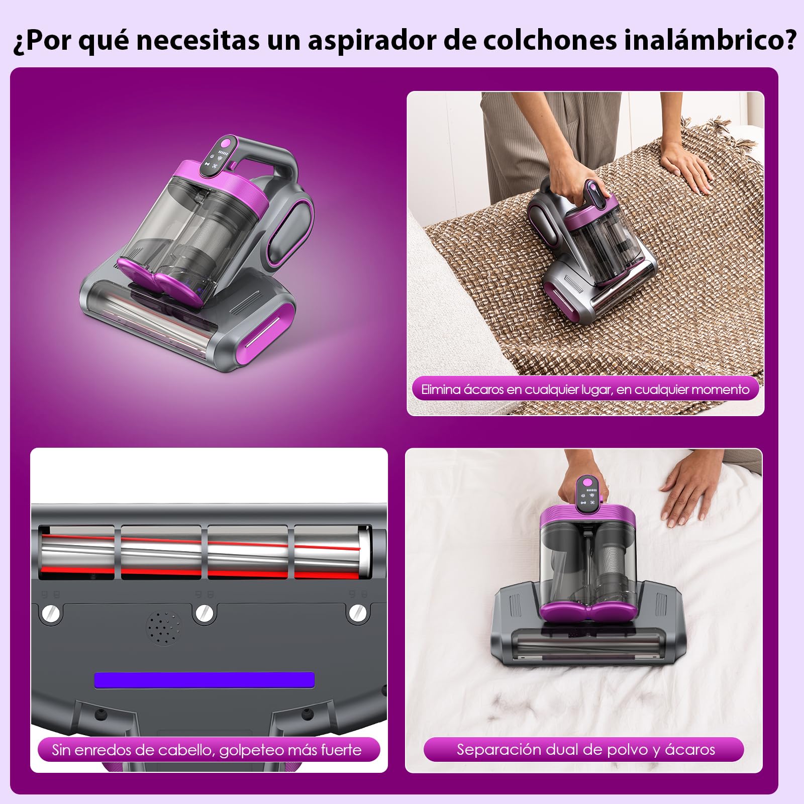 Aspiradora Antiacaros Inalámbrica MT1 18kPa con Luz UV, Aspirador de Mano