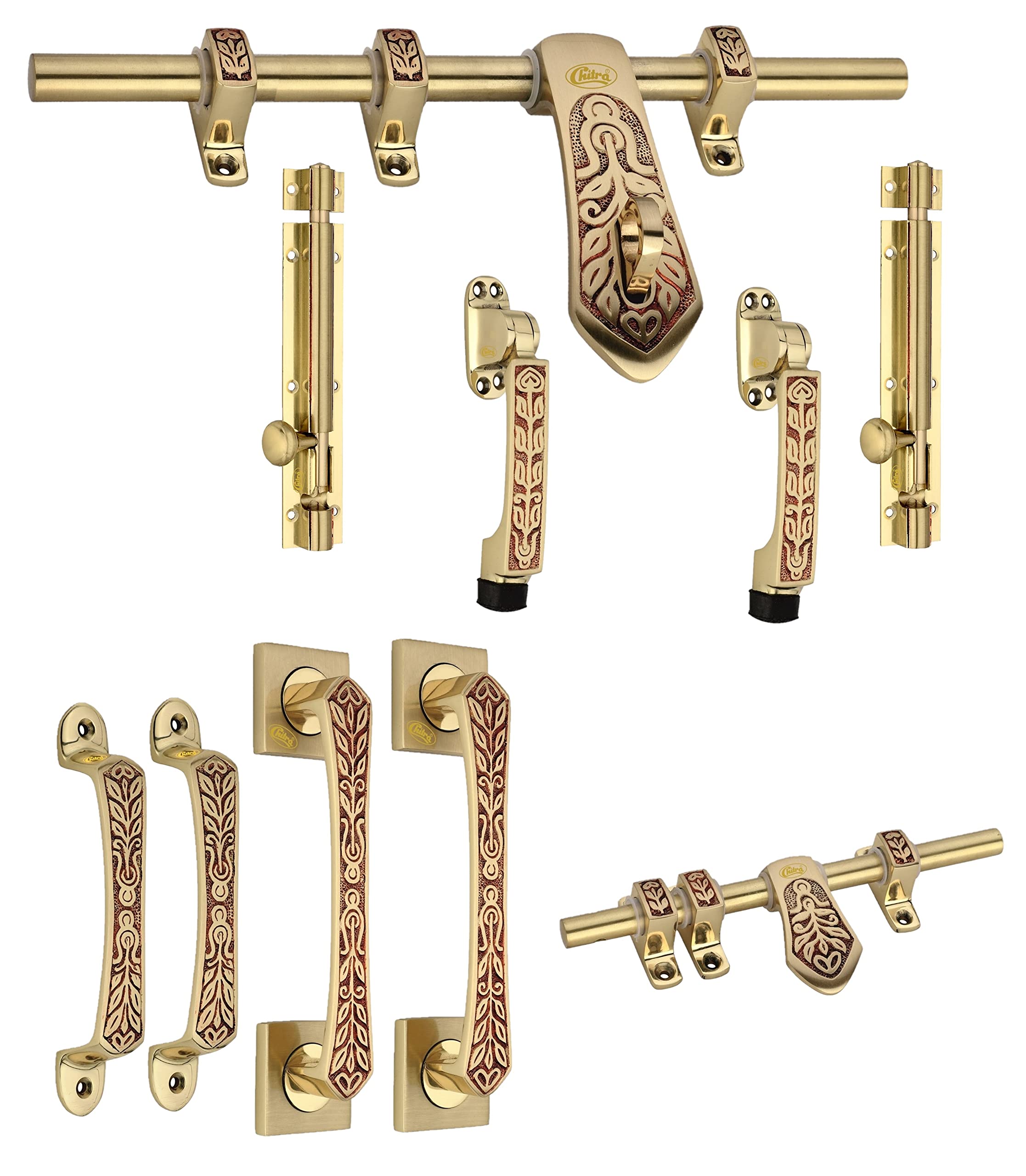 Chitra Carving Series Brass Heavy Double Door Fitting Accessories Full Set/Kit (1 Aldrop, 1 Latch, 4 Handles, 2 Tower Bolt and 2 Door Stopper) (12 Inch, Matt Brush Golden Copper)-image-19