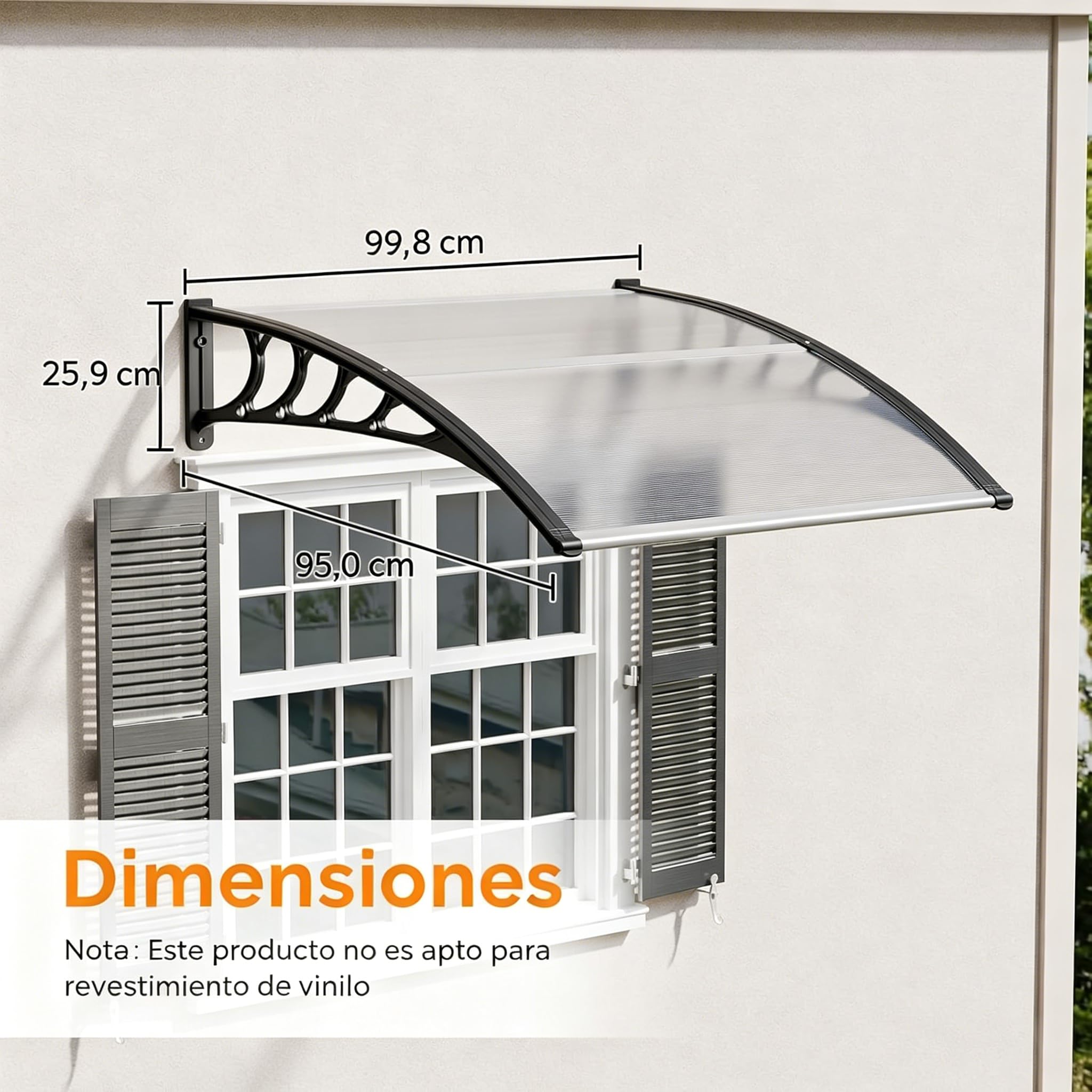 Garvee Marquesina Exterior de Policarbonato Tejadillo para Puerta y Ventana Cubierta Protectora contra Lluvia Nieve y Rayos UV Diseño Moderno Arqueado para Fachada (Marrón, 80x120cm)