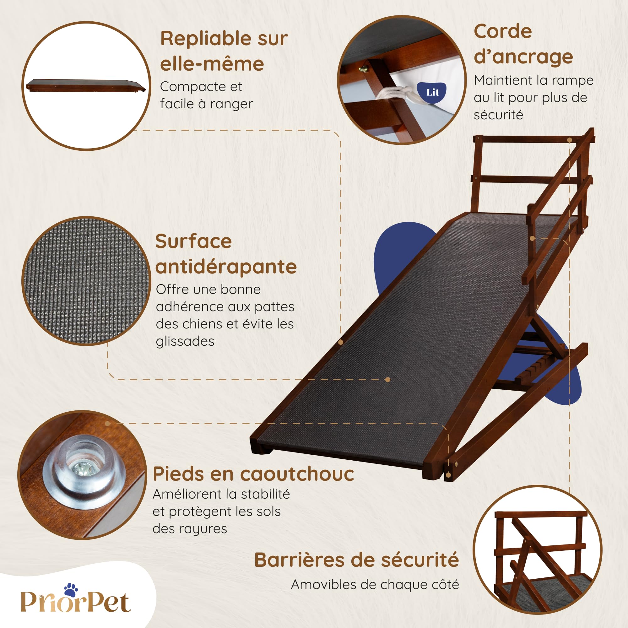 Rampe pour Chien Grande Taille pour Lit avec Barrières de Sécurité – pour Lit Haut jusqu'à 94,5 cm – Capacité jusqu'à 90 kg – Rampe de lit pour Chien Pliable, Antidérapante – Bois de Bouleau – Noix