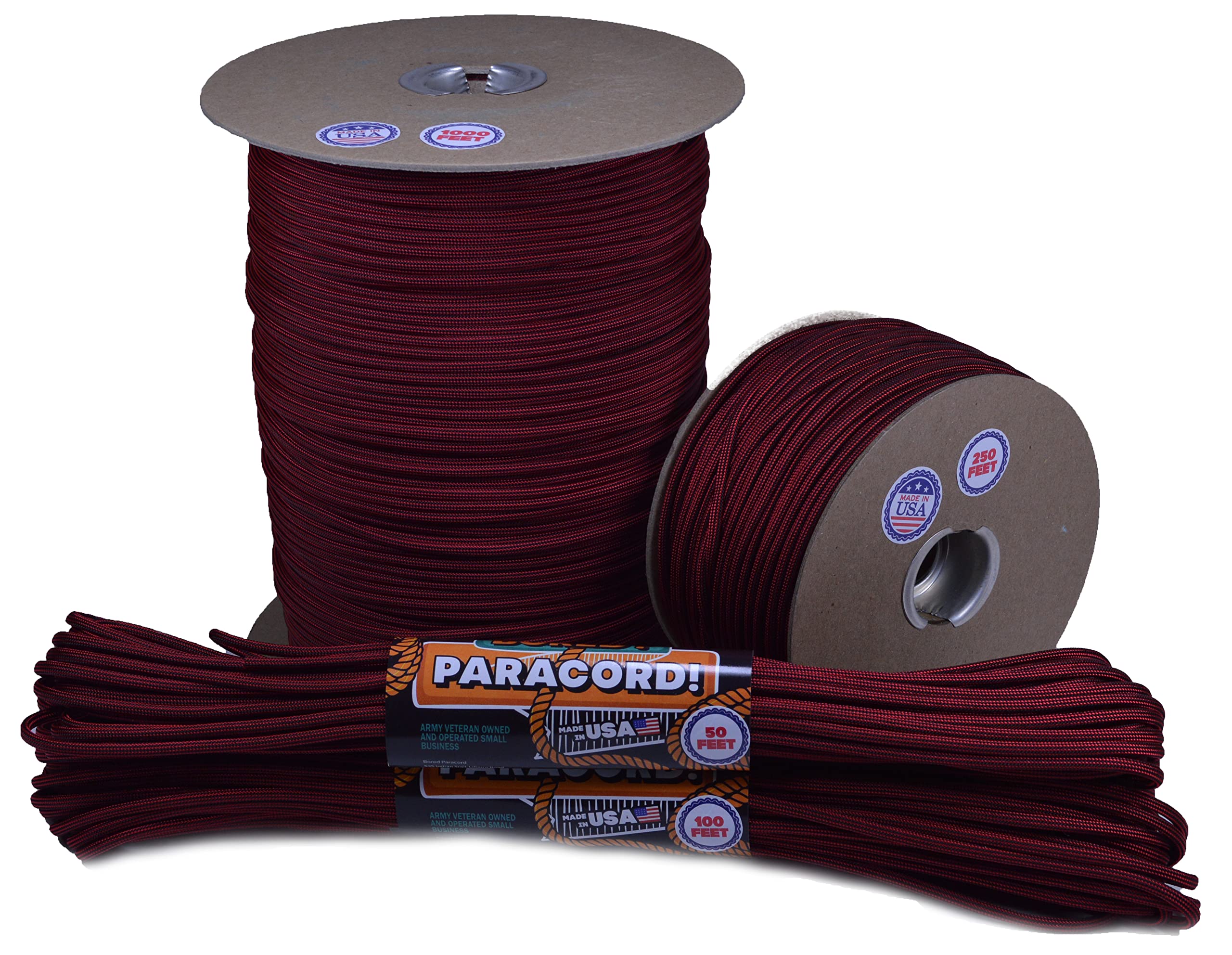 Bored Paracord - 1', 10', 25', 50', 100' Hanks & 250', 1000' Spools of Parachute 550 Cord Type III 7 Strand Paracord Well Over 300 Colors - Fire