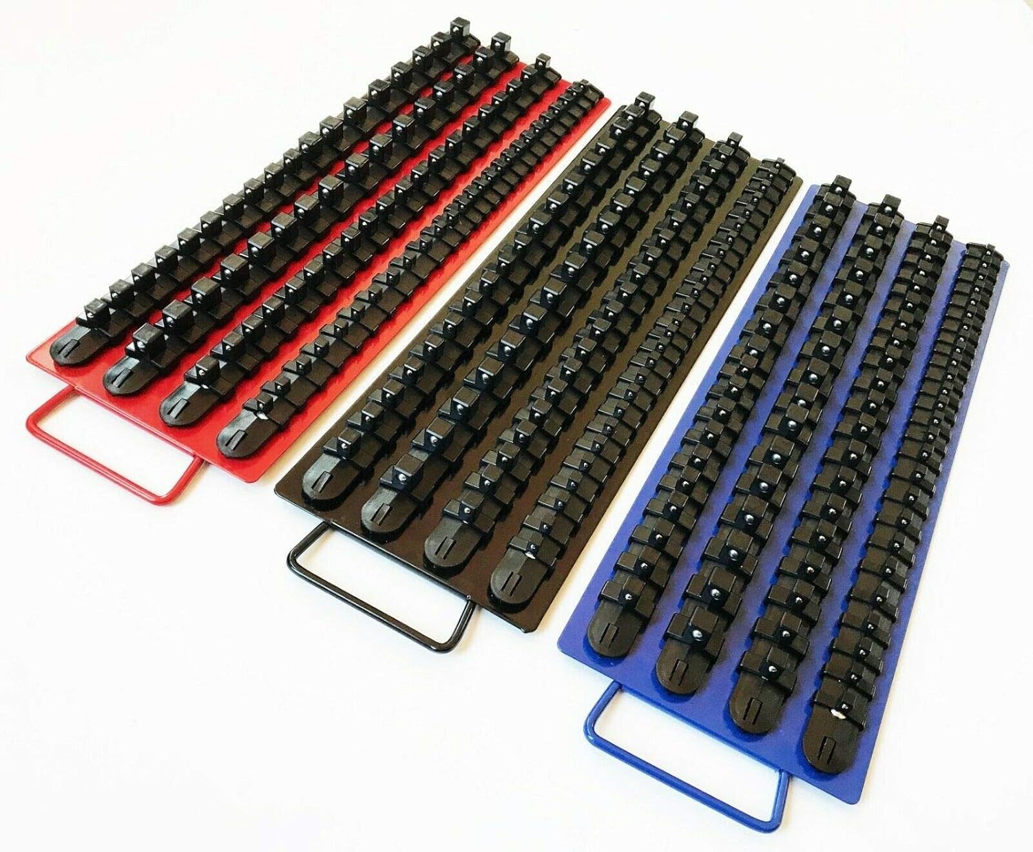 240pc GOLIATH INDUSTRIAL SOCKET STORAGE TRAY RAIL RACK HOLDER SET 1/4 3/8 1/2 Overall Length Of Each Tray: 17-1/2" (Without Handle) Overall Width Of Each Tray: 6" Heavy Duty Molded ABS Plastic Socket