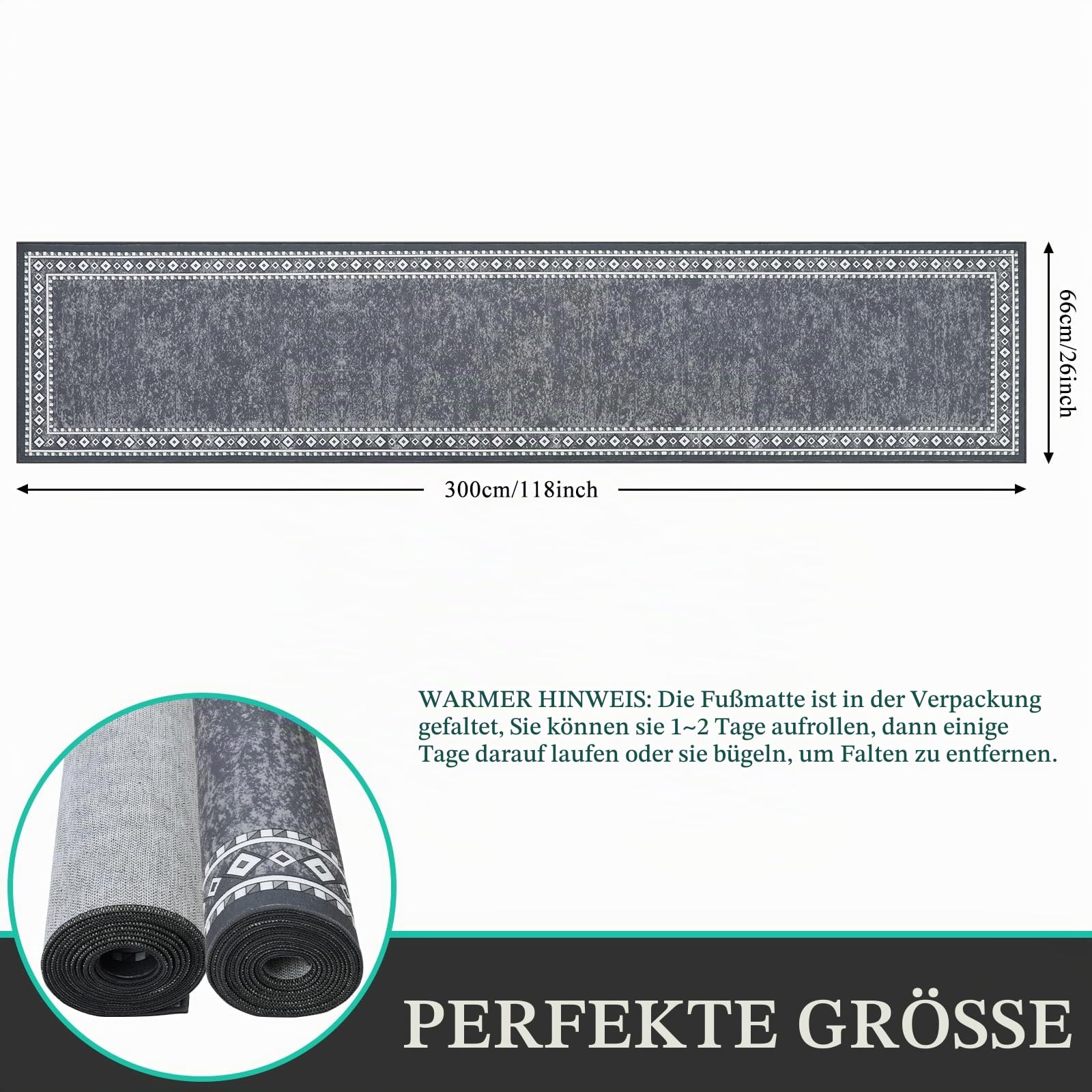 Enyhom Lang Teppich Läufer 66 x 300 cm Waschbar rutschfest Läufer Flur Teppich Küchenläufer dauerhaft Eingangstürmatte Teppich für Haustür, Flur, Eingang, Küche, Schlafzimmer (Grau)