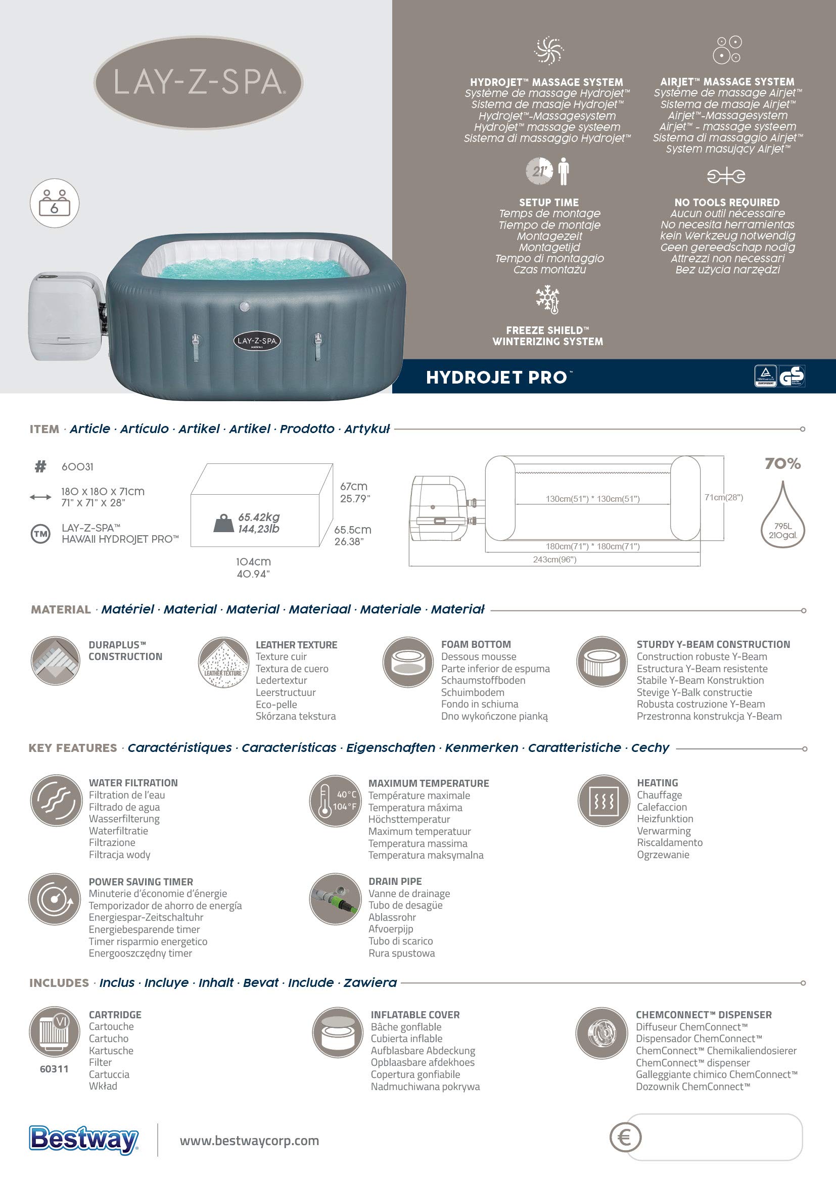 Bestway 60031 Minipiscina idromassaggio gonfiabile Hawaii Lay-Z-Spa HydroJet Pro