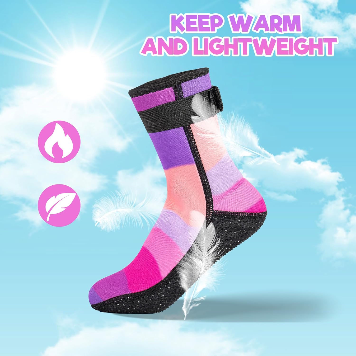 Kids Water Socks 3mm, Neoprene Anti-Slip Sand Socks for Swimming Surfing Beach Diving Boots Water Sports, Keep Feet Warm and Safe (Pink, 2.5-4.5 Big Kid)