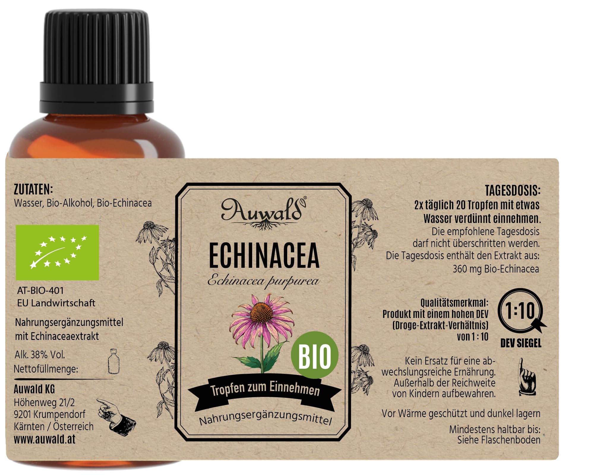NEU! Auwald Echinacea Tropfen BIO – Hochwertiger Auszug, Extrakt, Essenz & Tinktur – 100% BIO Landwirtschaft, Frei von künstlichen Zusätzen und Farbstoffen, Hergestellt in Österreich – 100ml