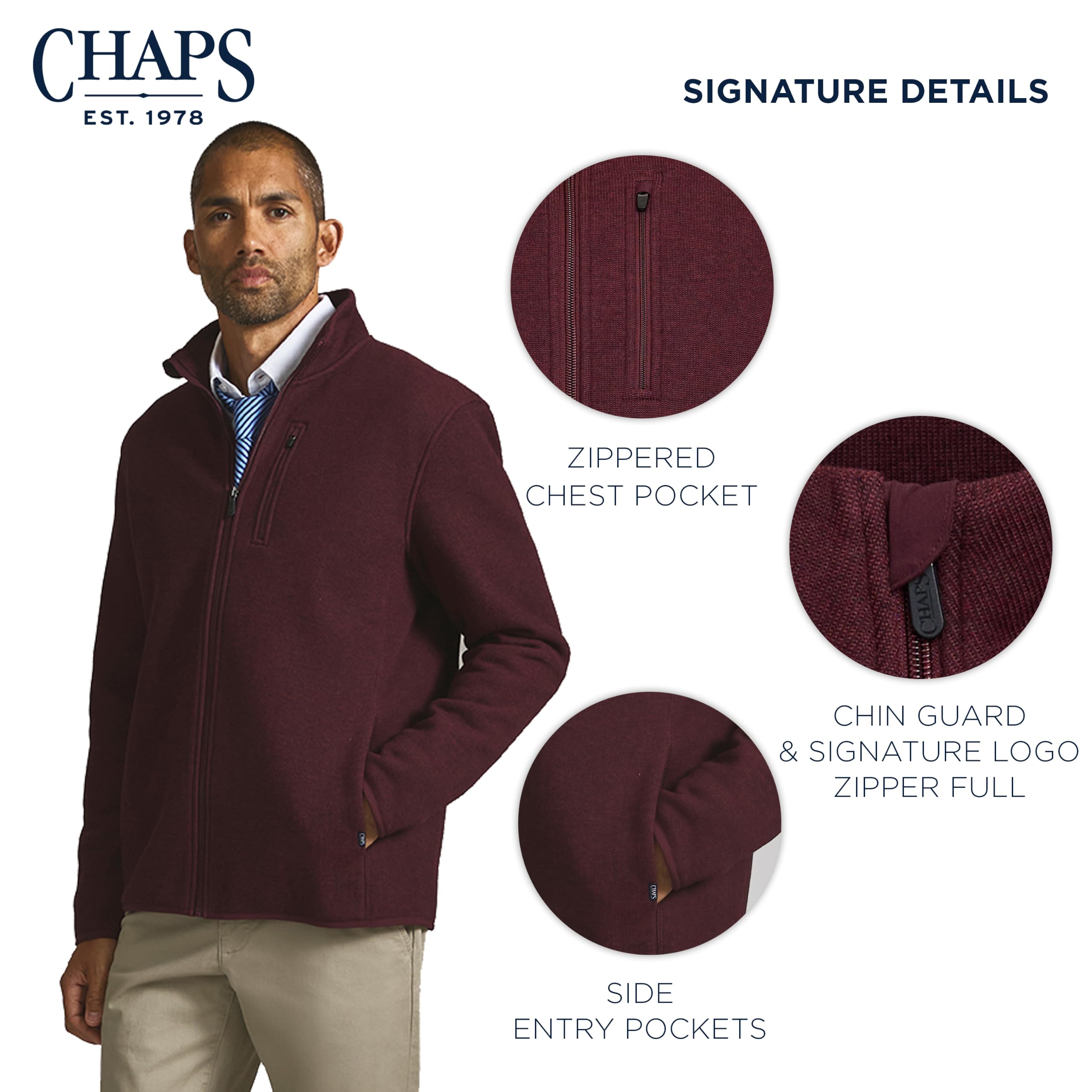 Chaps Norwell Herren-Fleecejacke mit durchgehendem Reißverschluss, Burgunderrot Heather, L