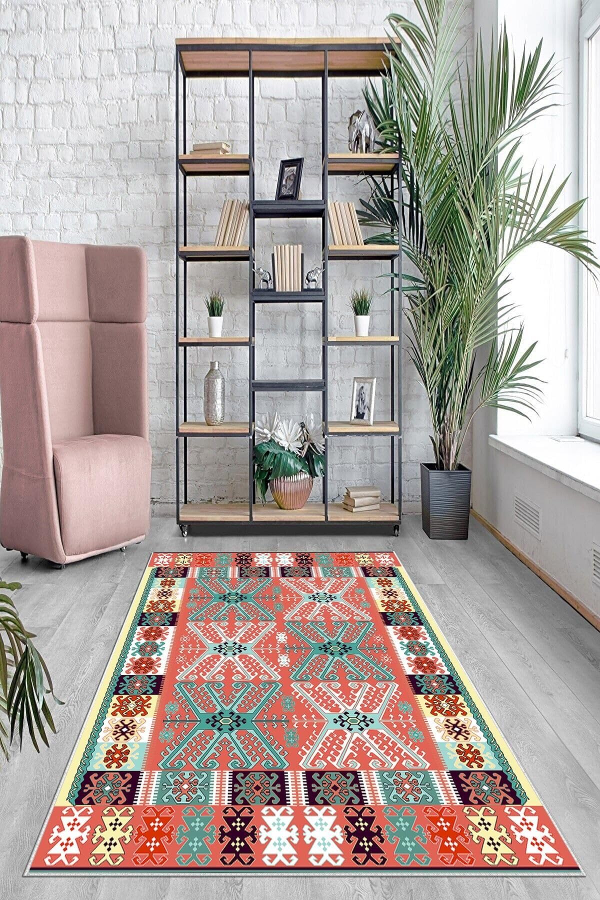 Pelangi Etnik Kilim Desen Bohem Stil Dijital Baskılı Yıkanabilir Kaymaz Taban Modern Salon Halısı, Pembe-Turkuaz 40 x 40