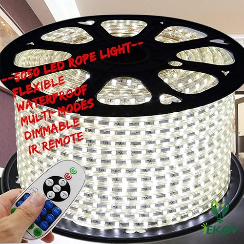 White Color LED Strip Light, AC 110-120V FlexibleWaterproofMulti-Modes FunctionDimmable SMD5050 LED Rope Light with Remote for HomeOfficeBuilding
