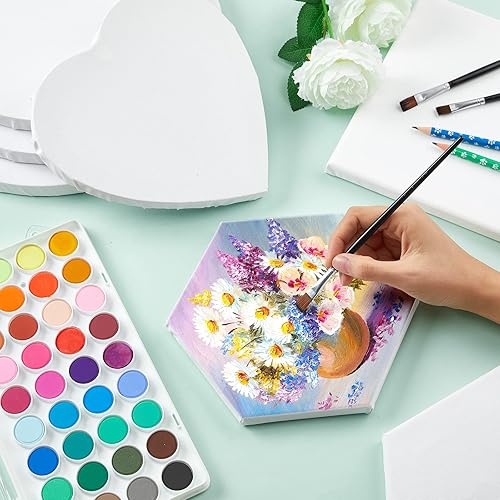 Miniatura 5 de Thenshop 24 lienzos estirados para pintar tableros de lienzo en blanco a granel, marco cuadrado redondo hexagonal en forma de corazón para niños,