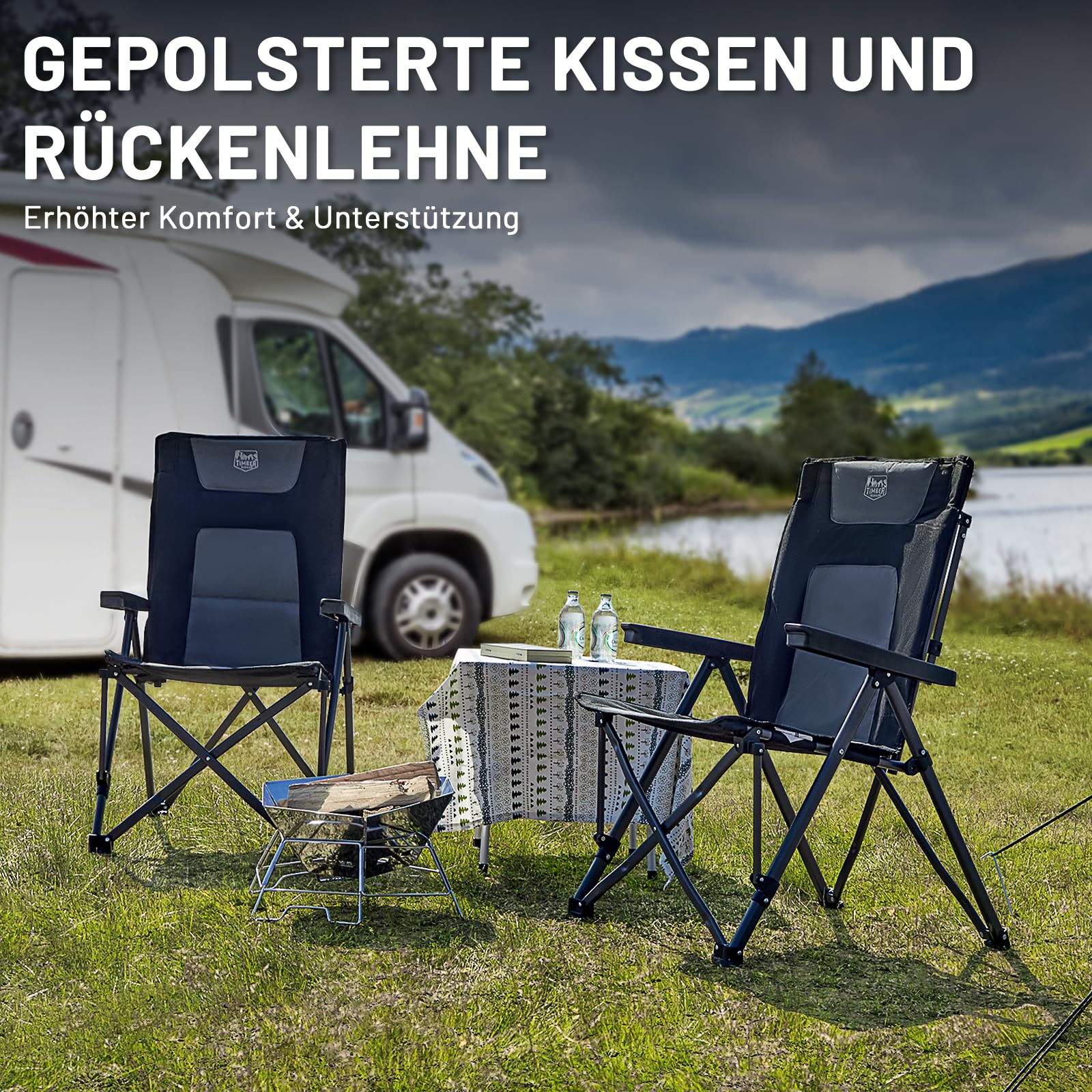 TIMBER RIDGE Campingstuhl Faltbar 260 KG Belastbar 4 Positionen verstellbar Klappstuhl Gepolstert Hohe Lehne mit Tragetasche Camping Stuhl Gartenstuhl für Garten Balkon Wohnmobil Picknick