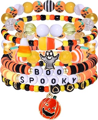 BVGA Halloween Bracelets Beaded Pumpkin Candy Corn Spider Ghost Charms Bracelets BOO Happy Halloween Stretch Bracelets Set Holiday Jewelry Gift